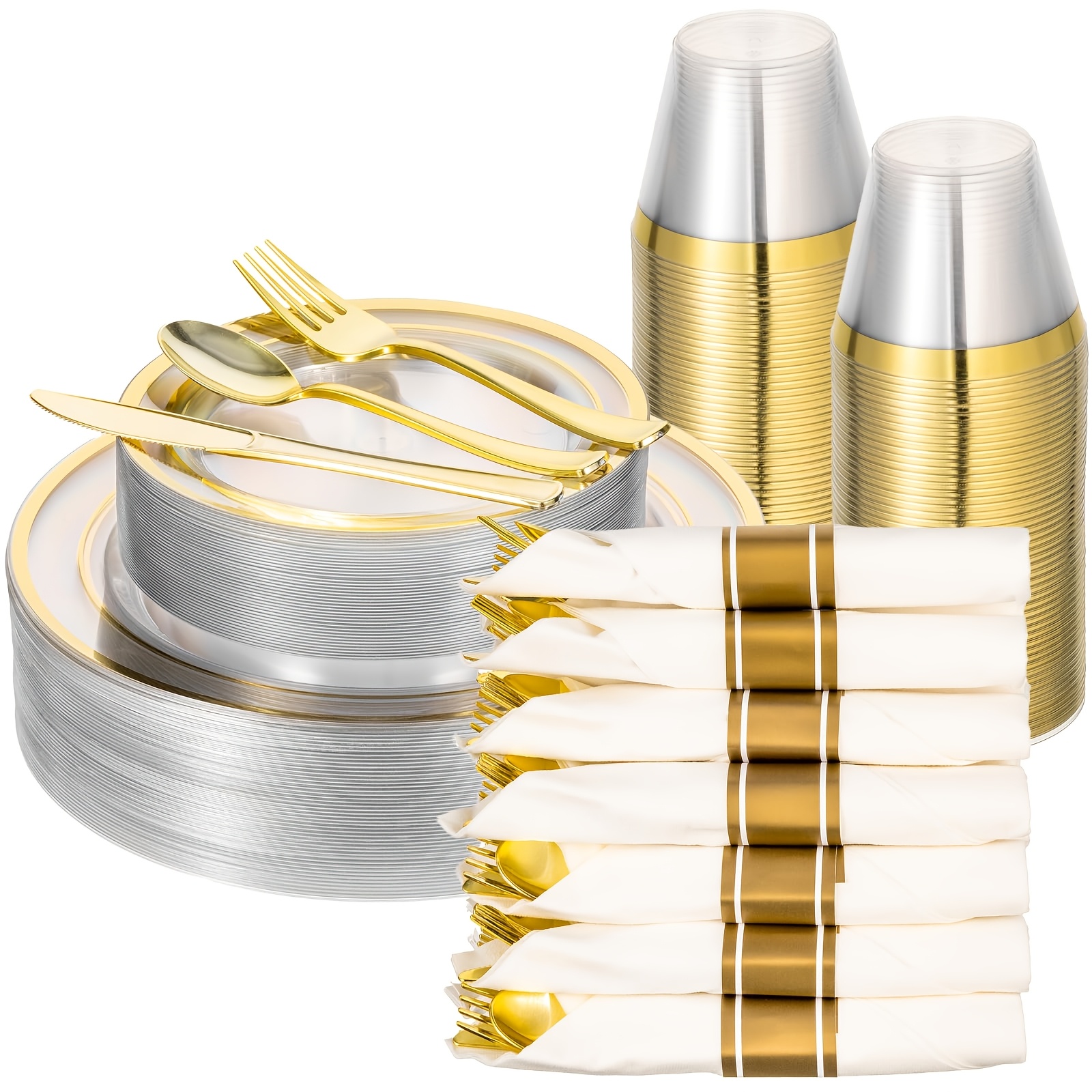 TEMU 350pcs Transparent Base With Plastic Dinnerware Set For 50 Guests, 100 Plates For Party, 50 Pre Rolled Napkins With Golden Silverware, 50 Cups,