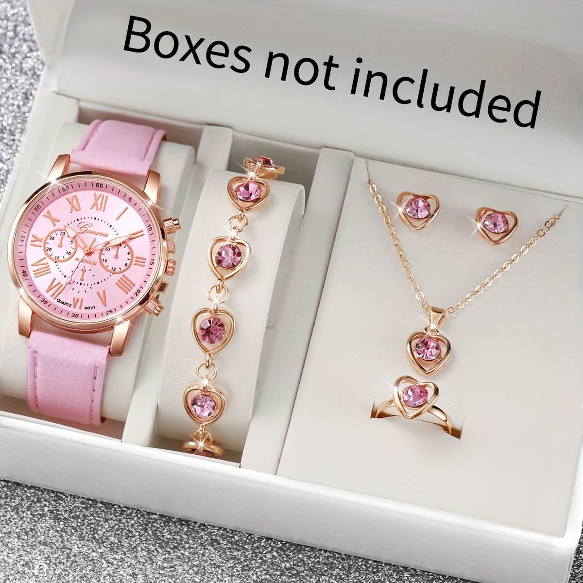 

6pcs/set Women's Pink Fashion Quartz Watch Pu Leather Wrist Watch & Heart Rhinestone Jewelry Set, Valentines Gift For Her