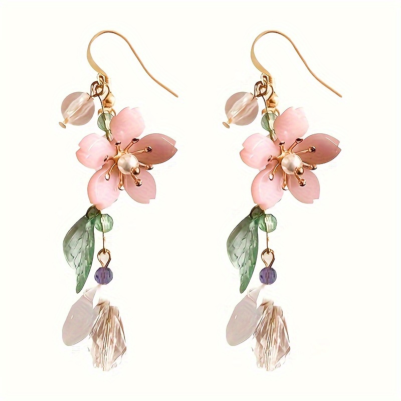 

Floral Pink Cherry Blossom Dangle Earrings With Imitation Pearl Accents, Asymmetrical Statement Earrings, Summer Breeze Pastoral Style, Classic Festive Ear Jewelry For Seaside Holidays