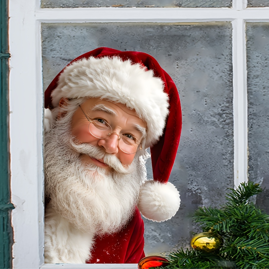 TEMU 2d Flat, 1pc Christmas 2d Peeking Santa Claus Sticker, Static Film For Christmas Window Decoration, Double-sided , No Residue And Easy To Remove