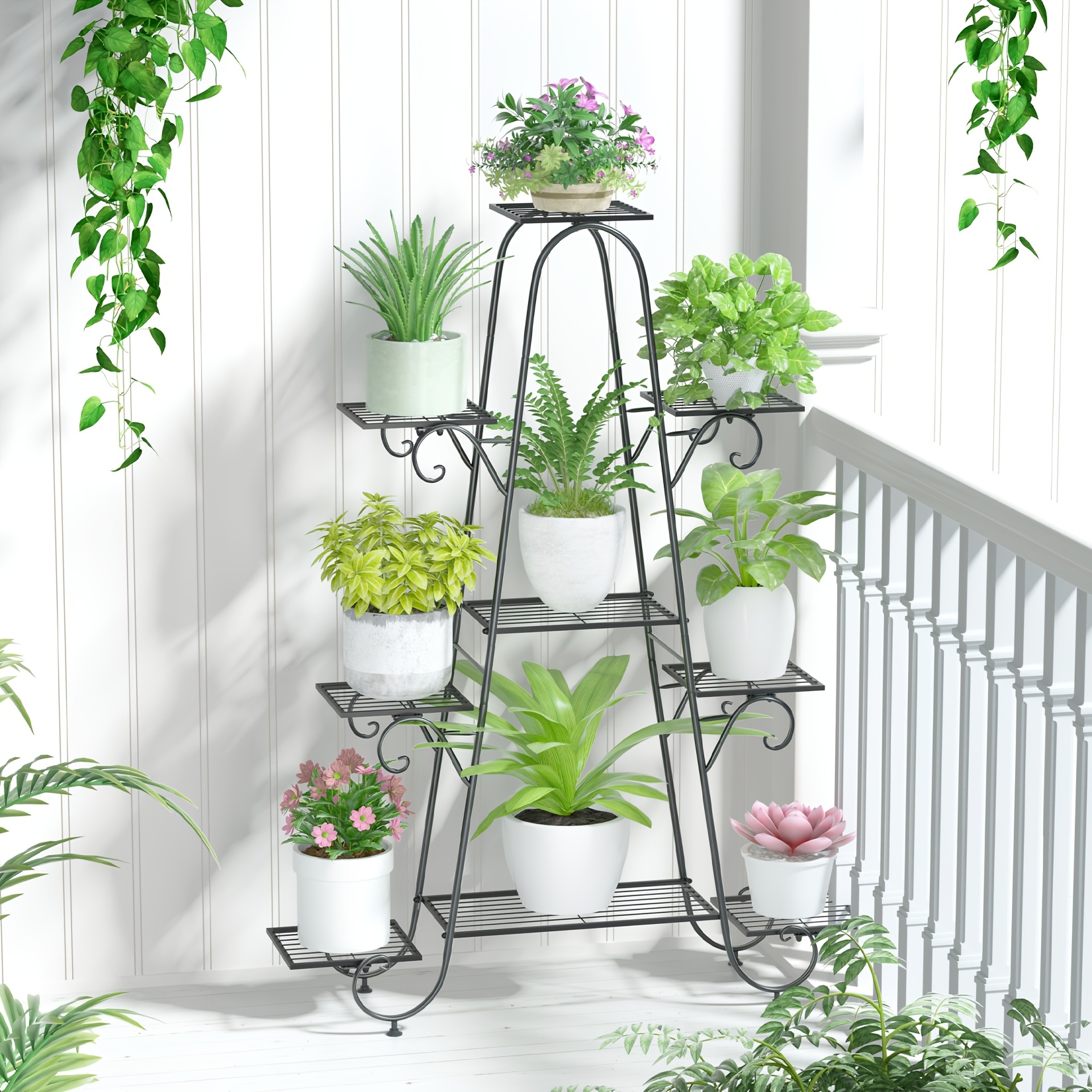 Temu Support De Plantes En MéTal à 9 Niveaux Unho - ÉTagèRe De Plantes GéOméTrique Noire Pour IntéRieur/ExtéRieur, 90X22X121, 5Cm, Construction En-image