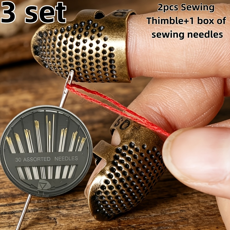 TEMU Lot de 2 ébauchiers de couture en métal ajustables Taille S+M avec ensemble d'aiguilles à coudre, ébauchier de protection des doigts en métal