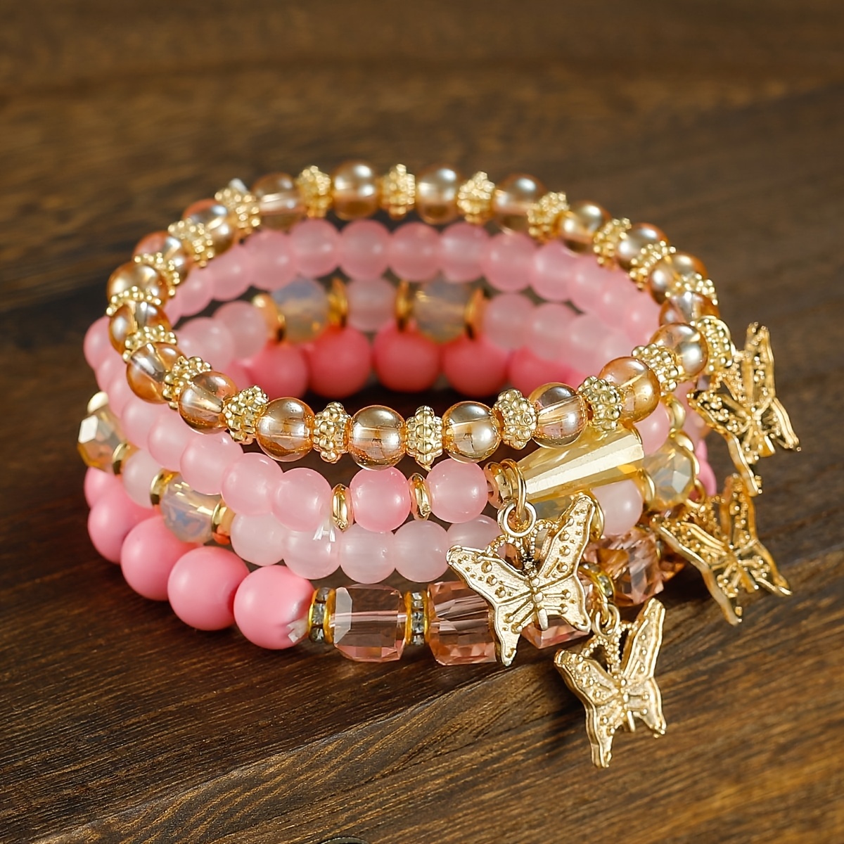 TEMU Set de pulseras elásticas de 4 piezas estilo bohemio, hechas a , con cuentas de vidrio, flores y dijes de mariposas, ideal para mujeres, para