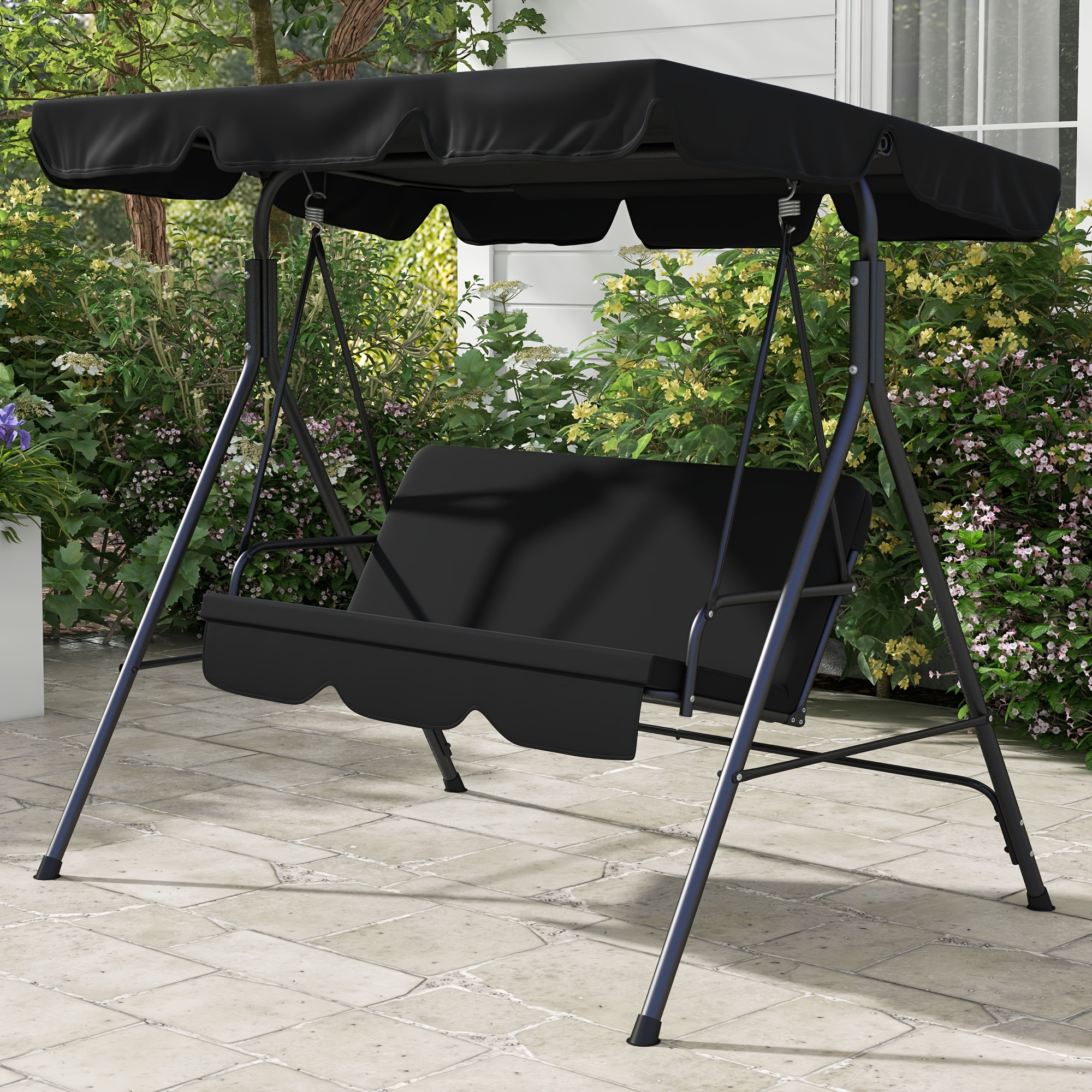 

Outsunny 3-seat Outdoor Patio Swing Chair With Removable Cushion, Steel Frame Stand And Adjustable Tilt Canopy For Patio, Garden, Poolside, Balcony, Backyard, Black