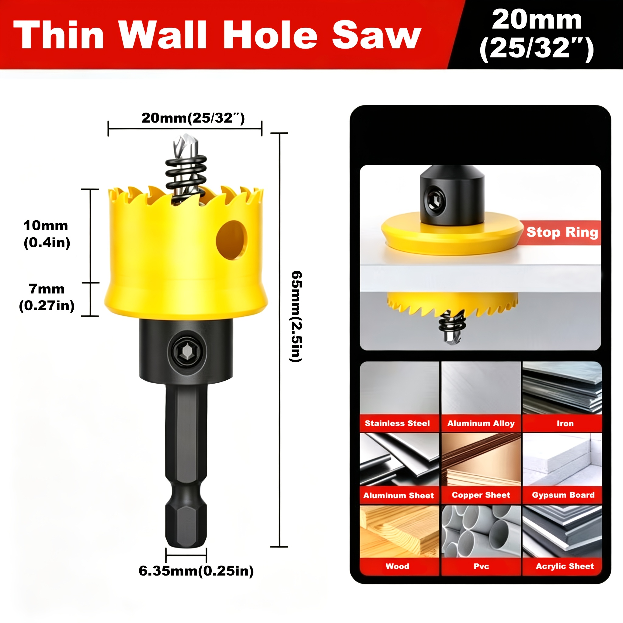 TEMU Impact Mini Thin Wall , /25/29/32/35mm 6pcs Hole Size Optional, M42 Cobalt Alloy Drill Bit Set, With Drill Bit And 1pc Hex Wrench, Suitable For