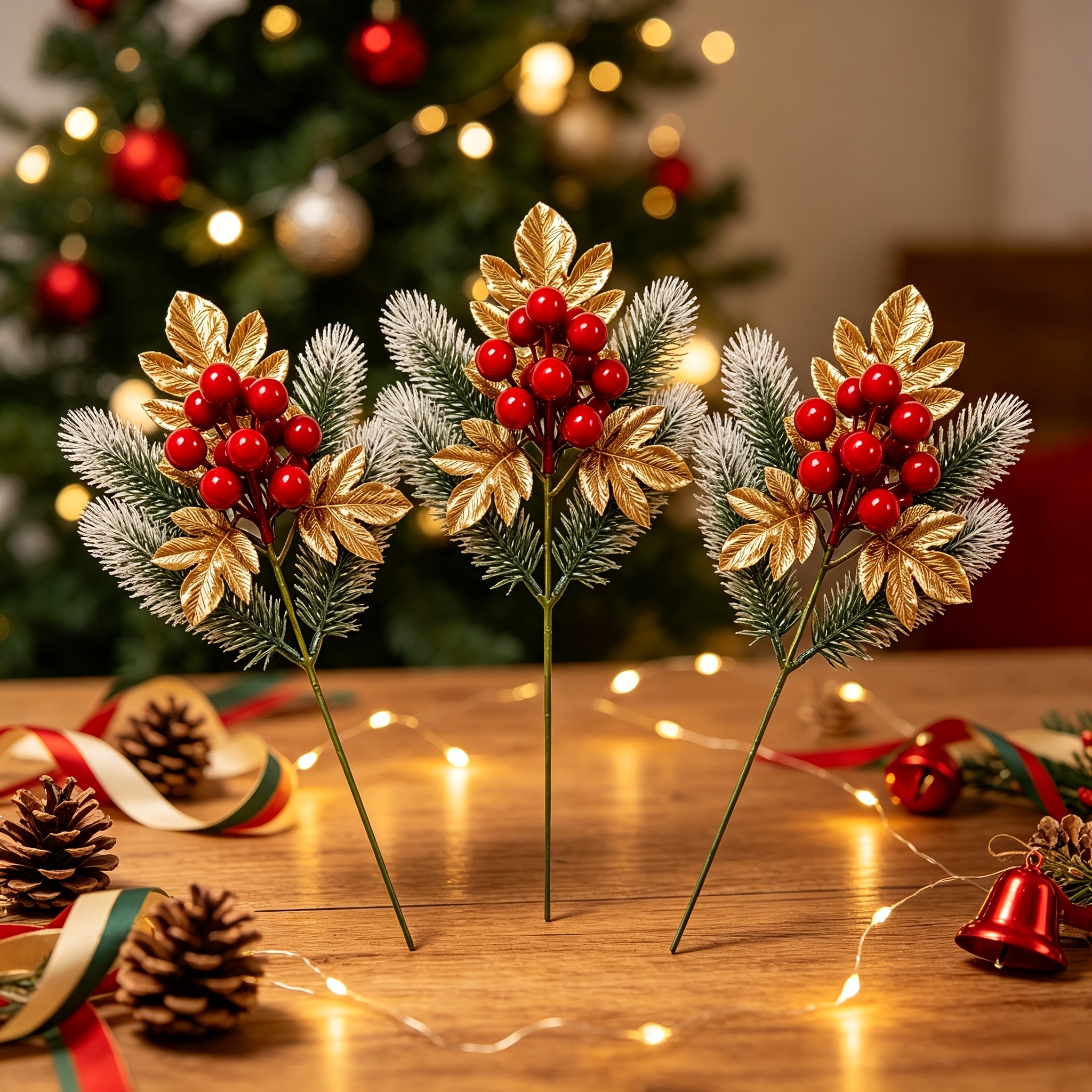 TEMU Lot de 3 - Bouquet de simulation de Noël | Bouquet de simulation de dorées et de , d'aiguilles de pin blanches de neige, adapté pour la place de