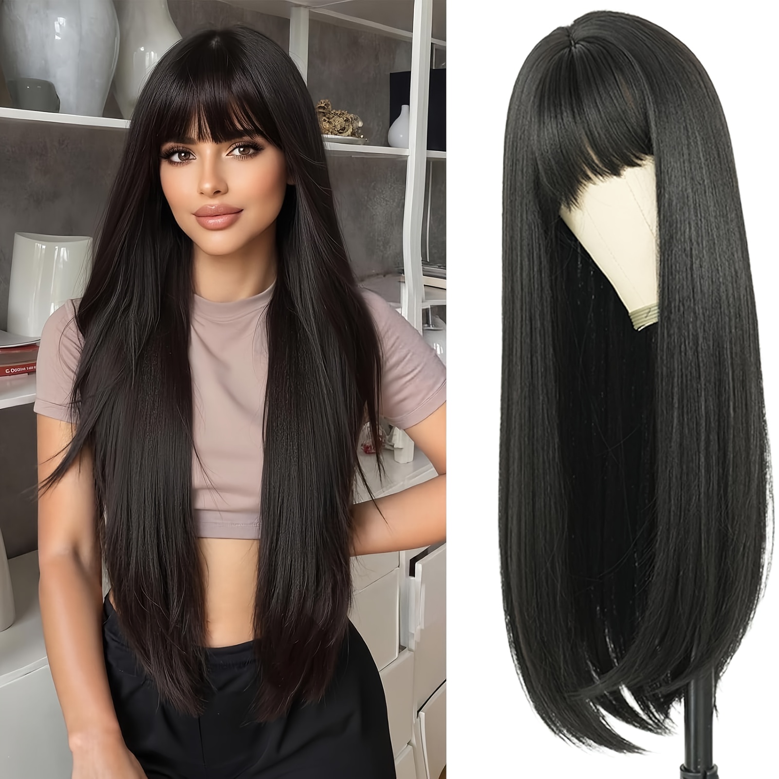 Temu 28-Calowa Czarna Peruka Z Prostymi WłOsami I Eleganckim, Stylowym WygląDem. Idealna Na Codzienne Spotkania, BożE Narodzenie I Imprezy śWiąTeczne-image