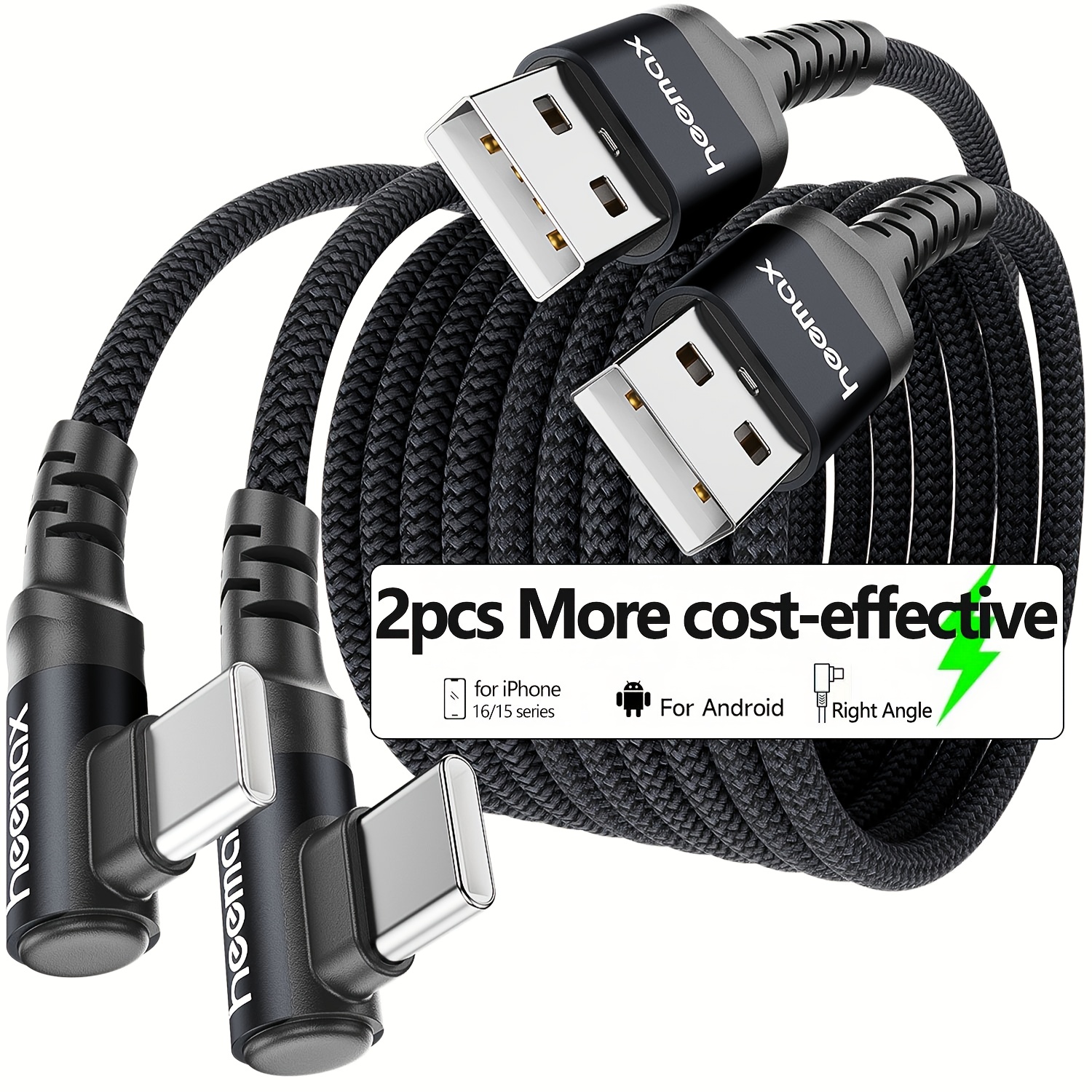 Set Of 2, 60w Rapid Charging Cables, Type C Fast Charger, Right-angle Usb To Usb C Braided Charging Cord