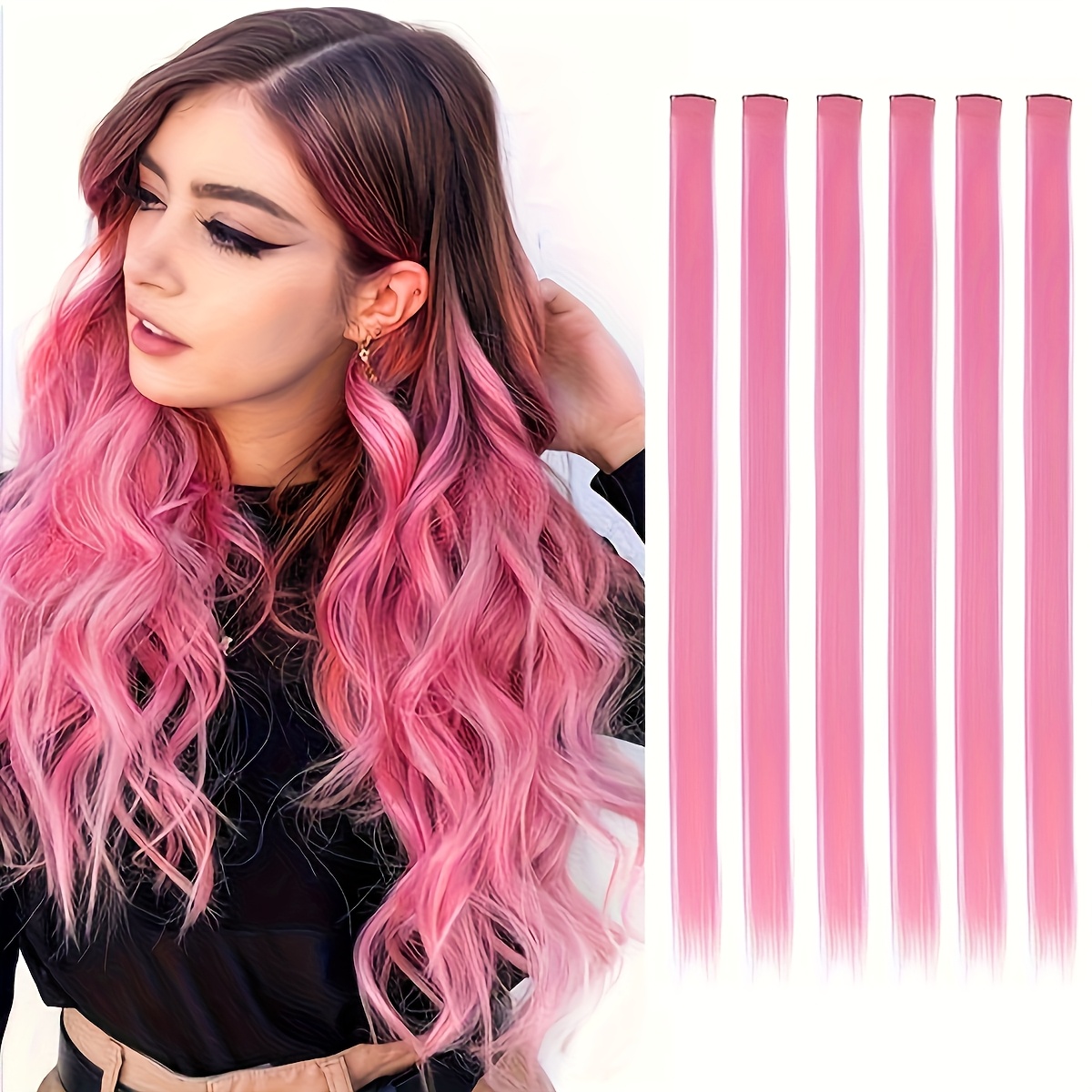 TEMU 6pcs Extensions de Cheveux à , 24 pouces Extensions de Cheveux Colorées Fêtes Highlights Longs Raides Postiches Synthétiques pour Femmes