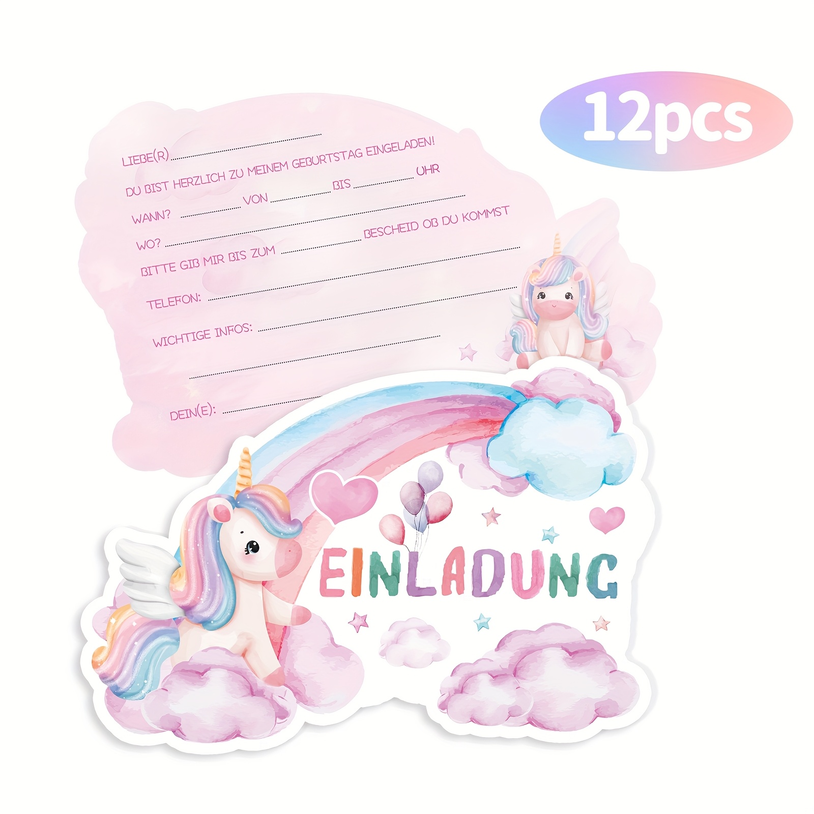 12sets German Rainbow Pony Cloud Birthday Invitation Card, 12 Cards, 12 Envelopes, 12 Stickers, Birthday Gift, Theme Party, Festival Party, Invitation Card To Invite
