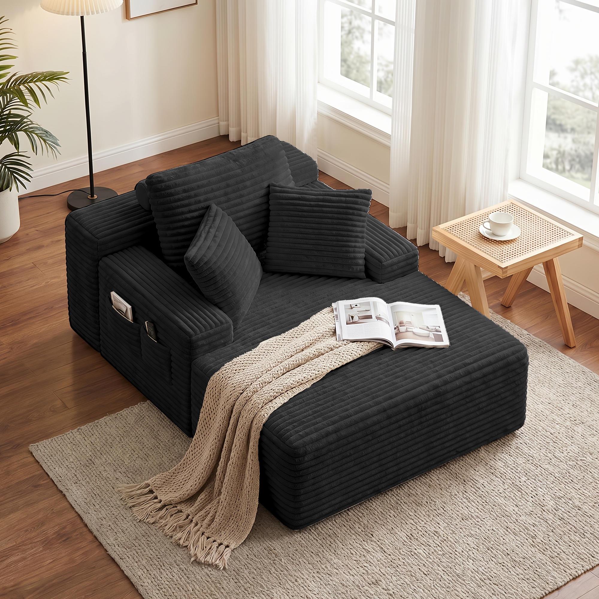 Image of No Corduroy Single Sofa, Compressed Foam Chaise Lounge Chair With 3 Pillows & Side Pockets, Ergonomic For Living Room And Bedroom, Beige/ Dark Grey