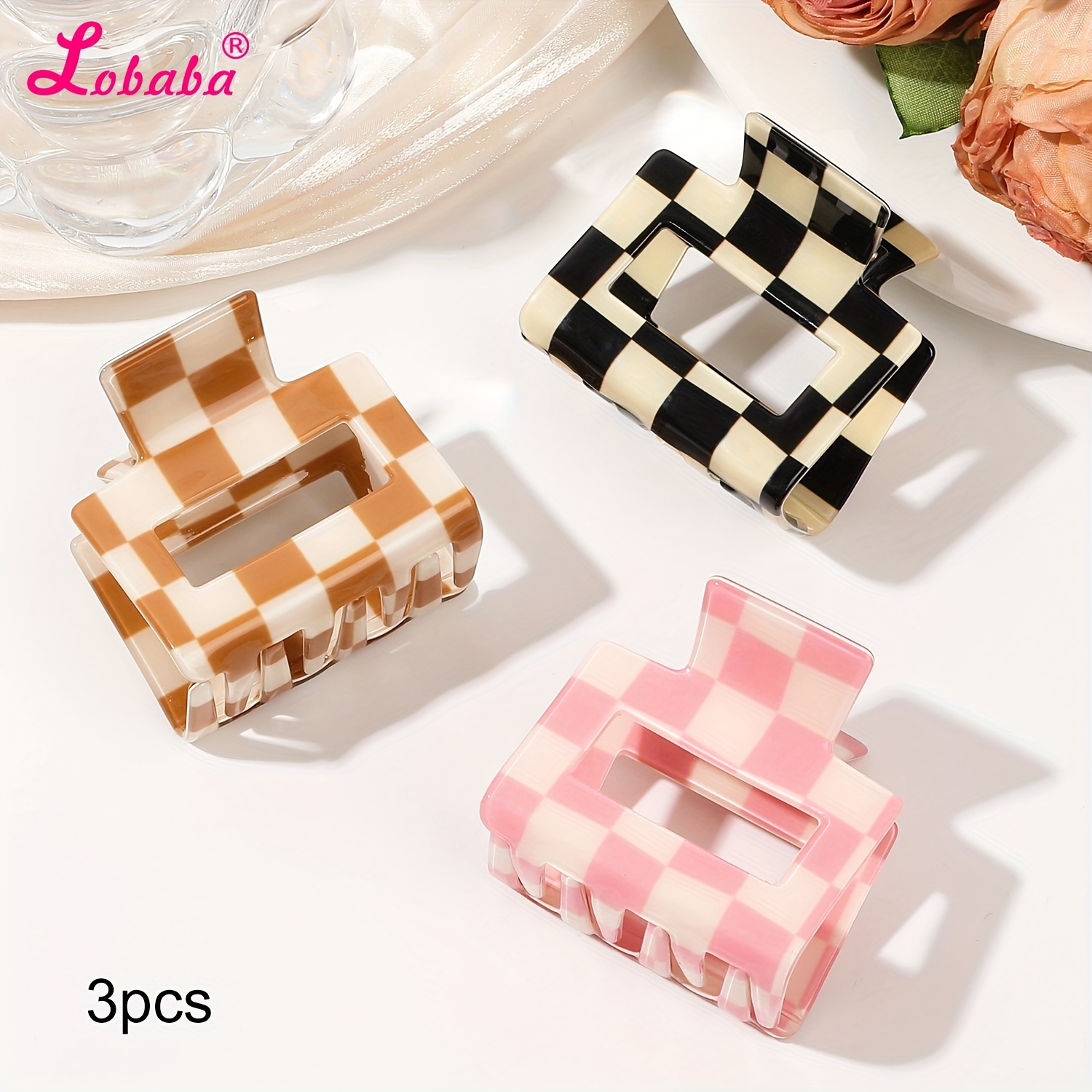 TEMU 3pcs Elegant Retro Rectangular Hair Claw Clips For Women - Pastel Checkered Pvc Hair Clips With , For Updos, Ponytails & Casual Hairstyles (teens & Adults)