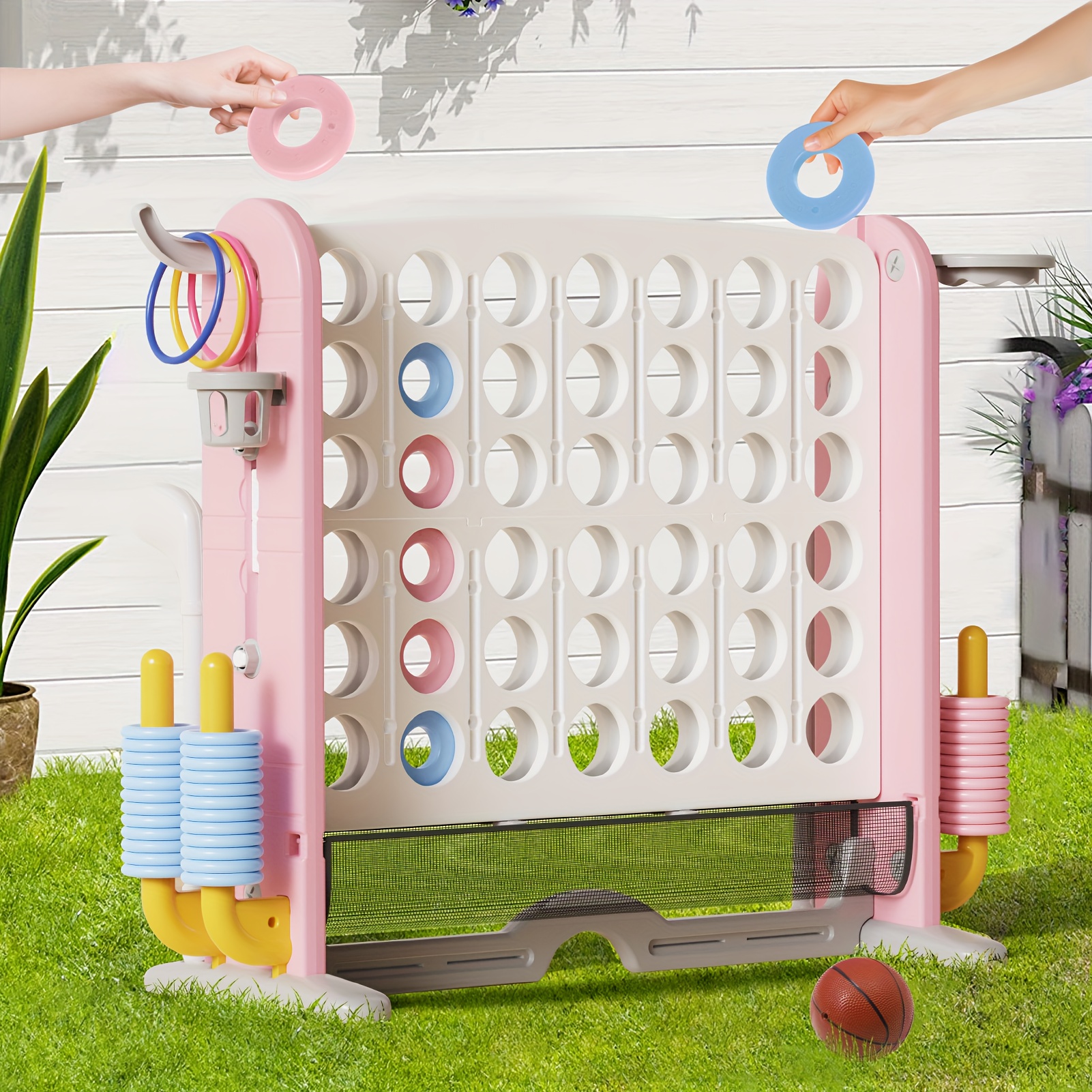 TEMU Giant Suitable For Kids & Adults - Adjustable Height Multi- System With Basketball, Golf & Ring Toss | Color-coded Number Learning For Indoor/