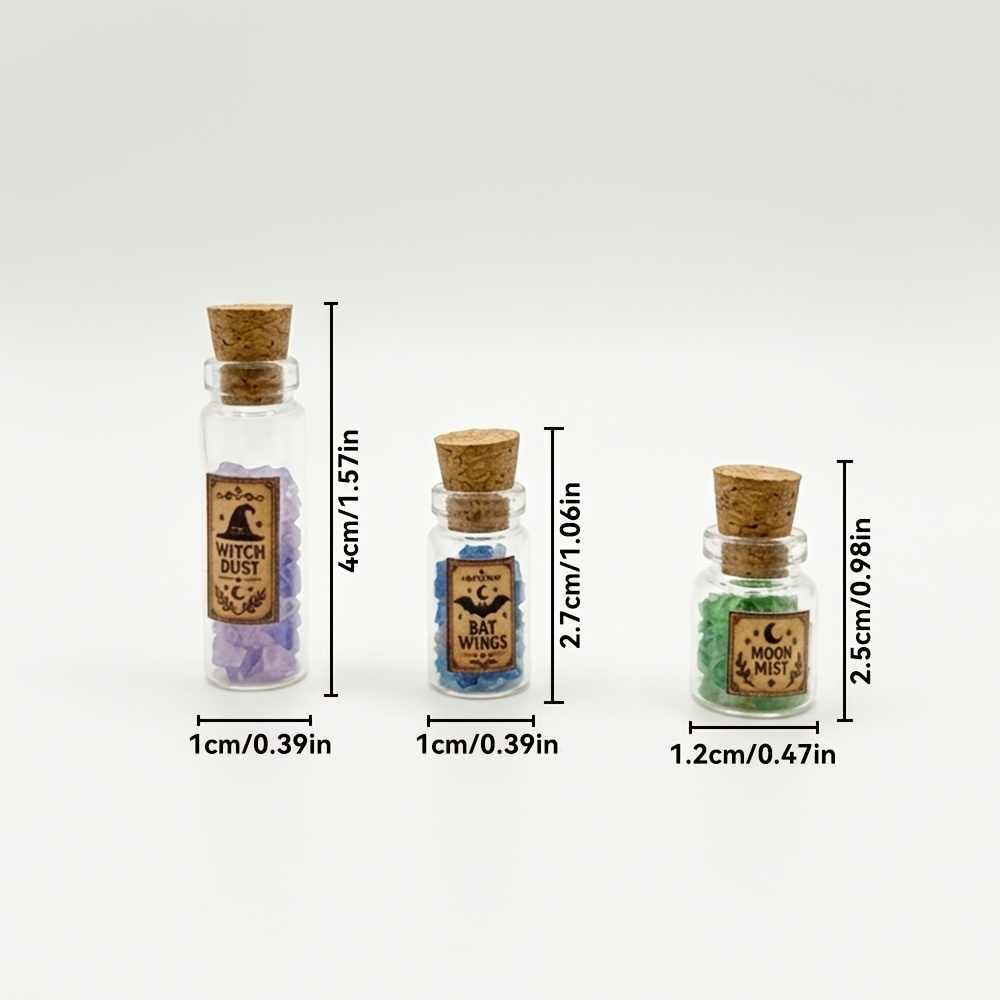 TEMU 3-pack Mini Bottles, Small Glass Bottles With Corks, Retro Small Glass Jars, Dollhouse Halloween Decor, Miniatures, Halloween 3d Decorations,