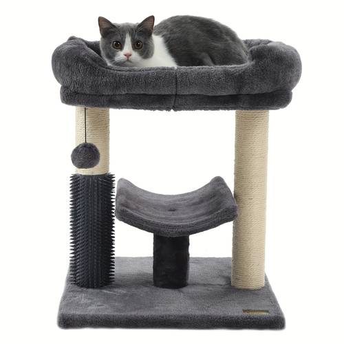 cat tree tower with cozy perch self groomer interactive ball sturdy sisal scratching post for indoor cats kittens elderly space saving design gray plush base anti toppling fittings cat entertainment unit cozy cat furniture plush fabric cover cat decor