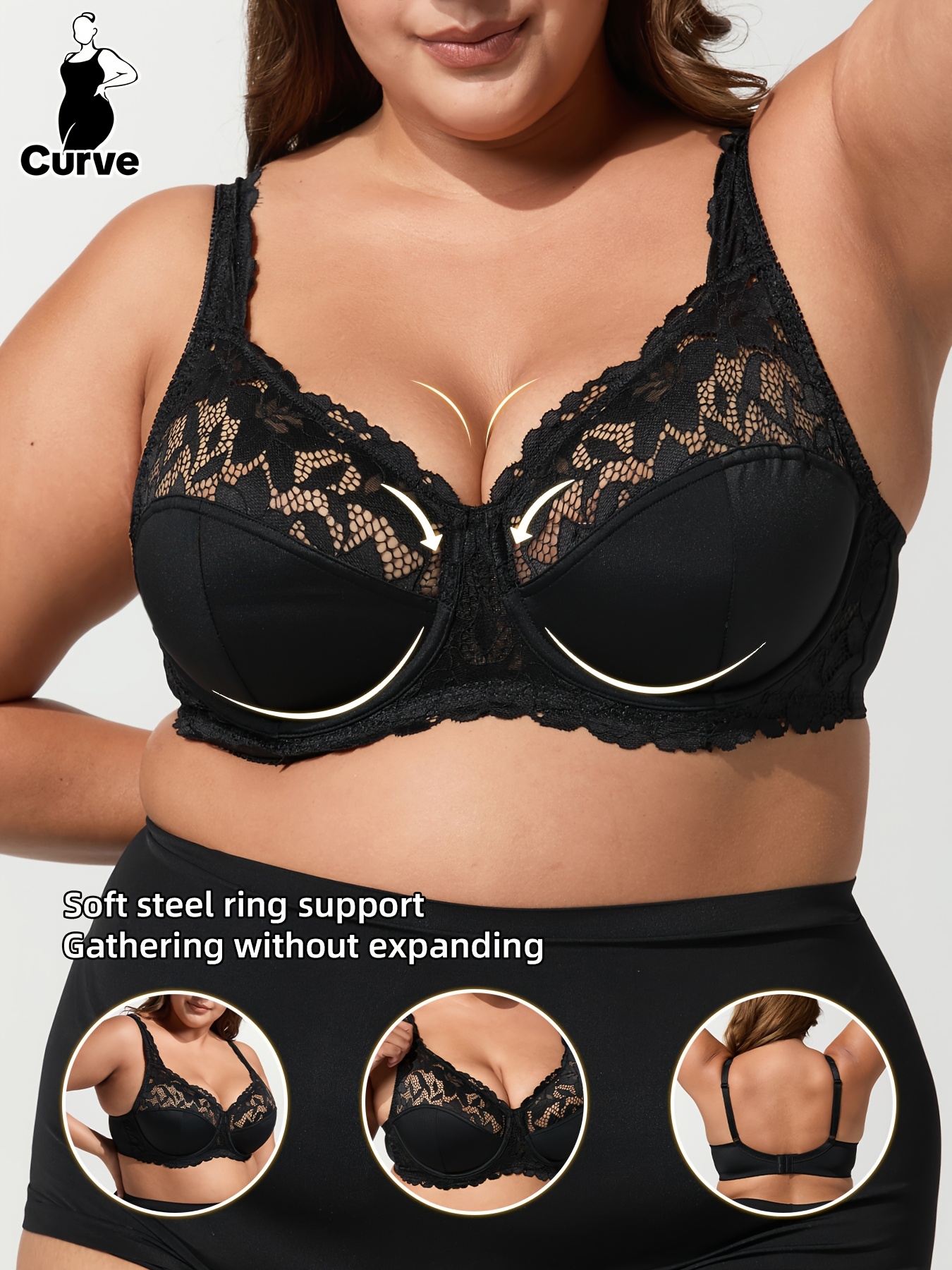 Plus Size, Elegant Black Lace Bra with Soft Steel Ring Support - Adjustable, Comfortable, Breathable, and Lightweight for Everyday Wear, No Padding, Underwire, Comfort Bra|Elegant Lace Bra|Soft Steel Ring Support, Plus Size Bra
