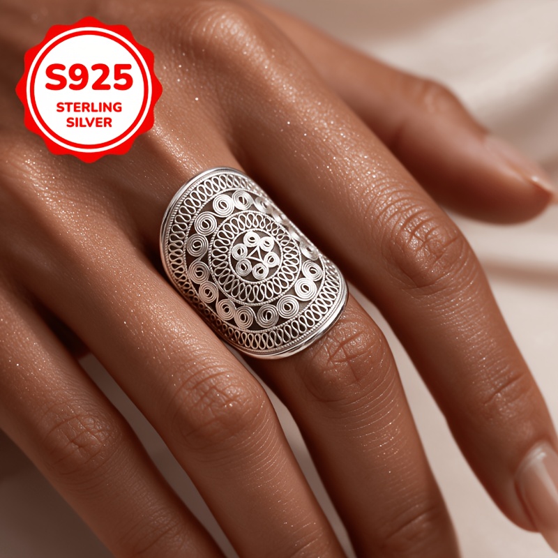 Women's 925 Sterling Silver Hollow Lace Flower Adjustable Ring