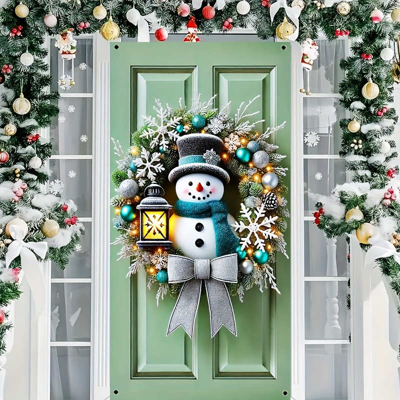 

1pc Polyester Snowman Wreath Door Hanging Banner - Christmas Home Decor For Indoor & Outdoor, Multipurpose Polyester Fiber Tapestry For Party Supplies, Entrance Decoration, No Electricity Needed