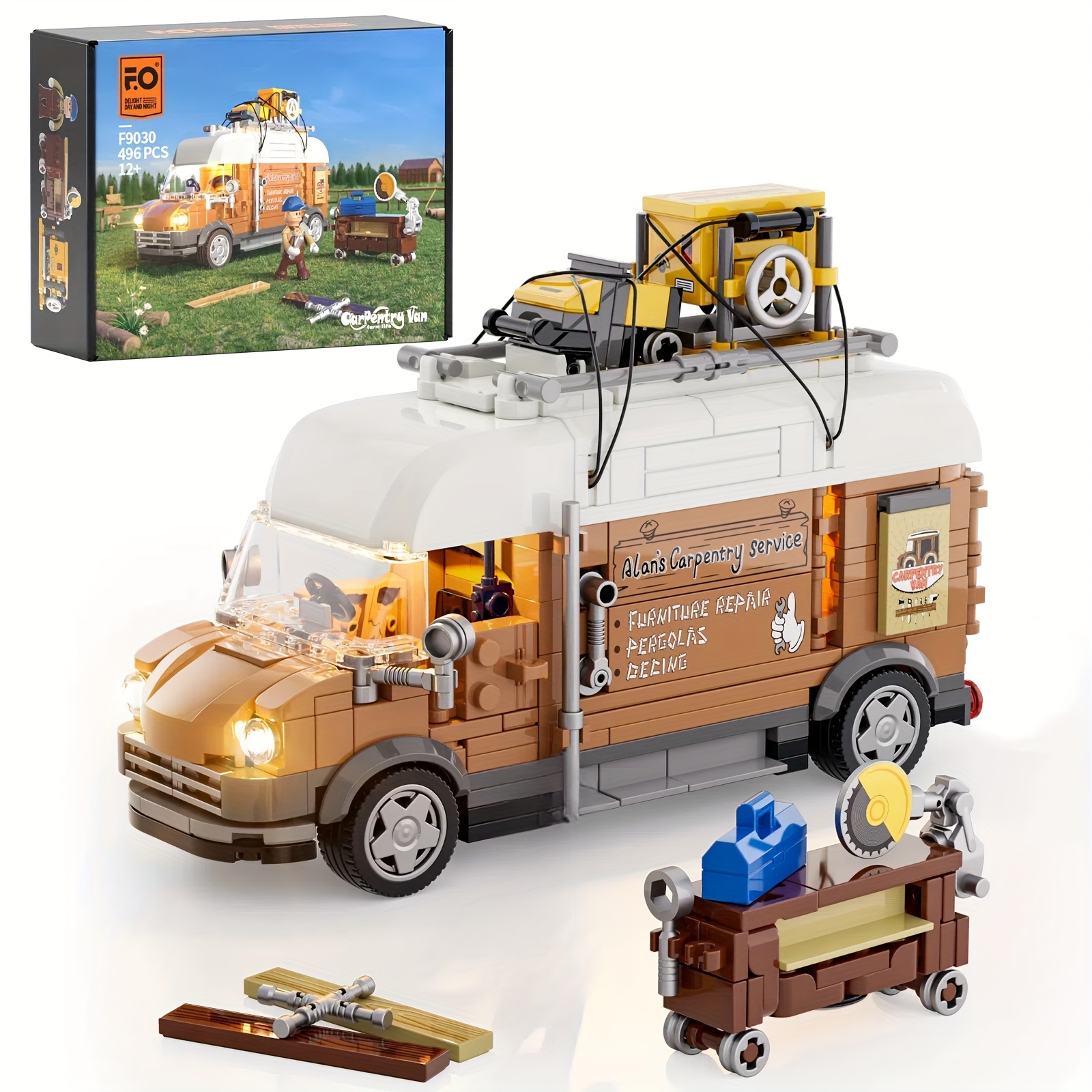 

Funwhole Carpentry Van Lighting Building-bricks Set - Farm Woodworker Car Collectible Display Set 496 Pcs For Adults And Teen