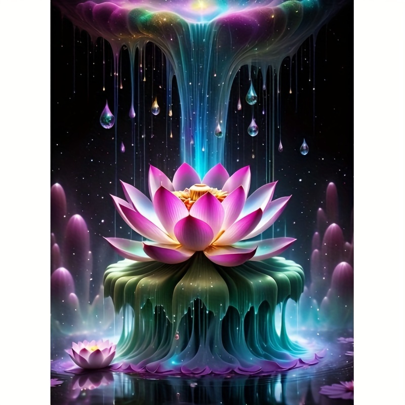 

5d Lotus Pond Waterfall Diamond Painting Kit, Full Drill Round Acrylic Diamonds, Flower Themed Diy Art Craft, Home Wall Decor Gift Set, 30x40cm