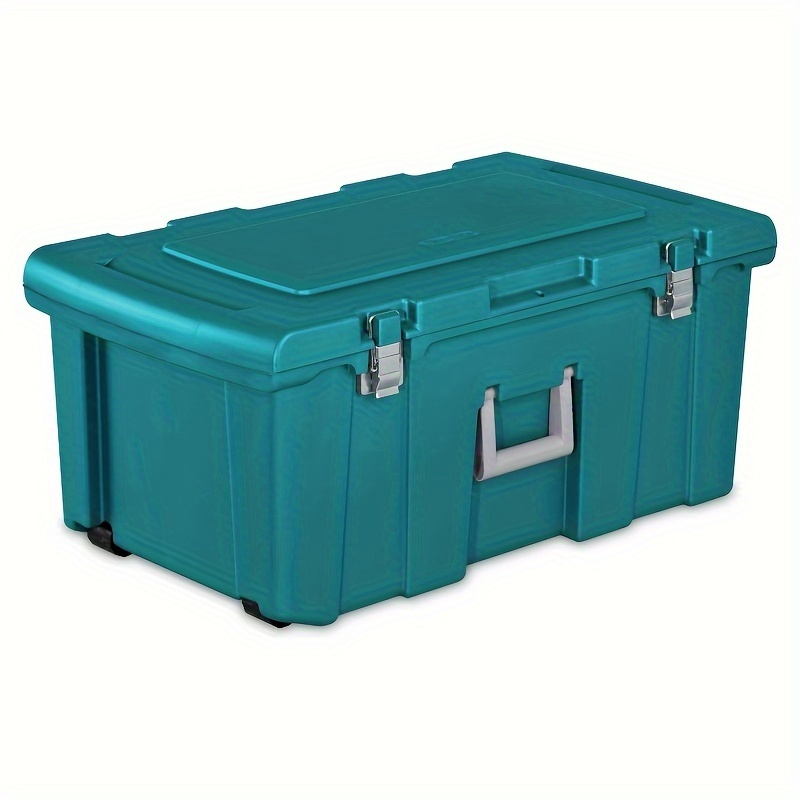 

Teal Plastic Storage Container With Wheels - 31 1/4'' L X 17 5/8'' W X 13 7/8'' H - Durable And Portable Storage Solution For Camping Or Moving