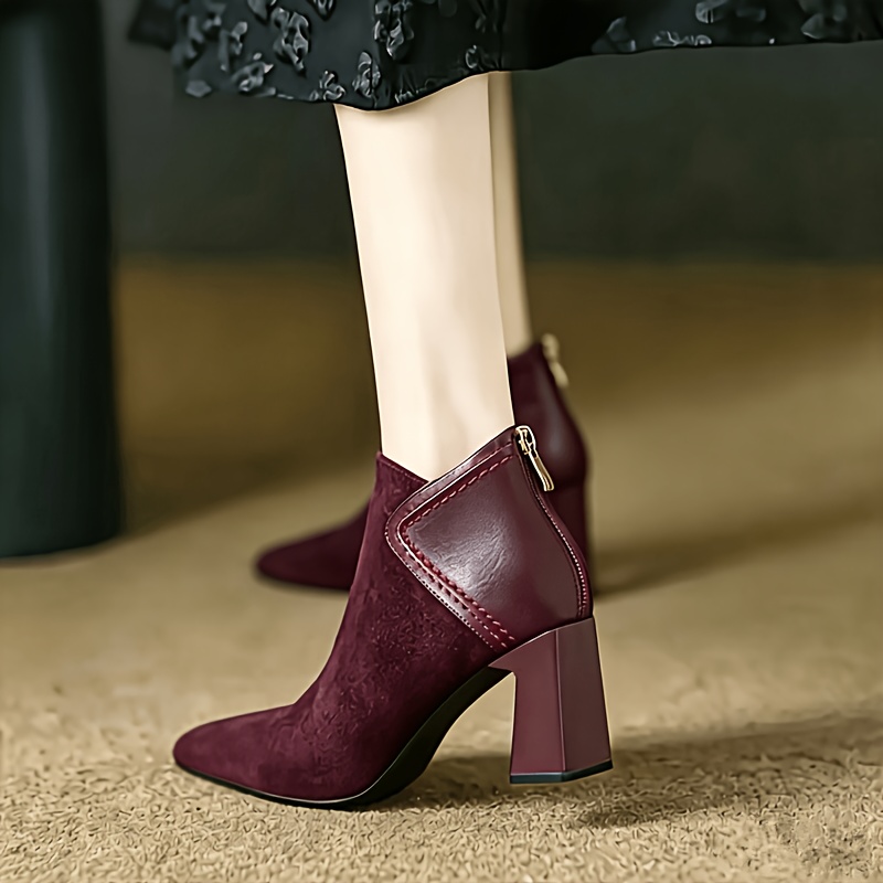 TEMU Retro Style Women's Ankle Boots, Pointed Toe Design, High Heel Zipper Closure, Solid Boots, Elegant Footwear, Women Shoes