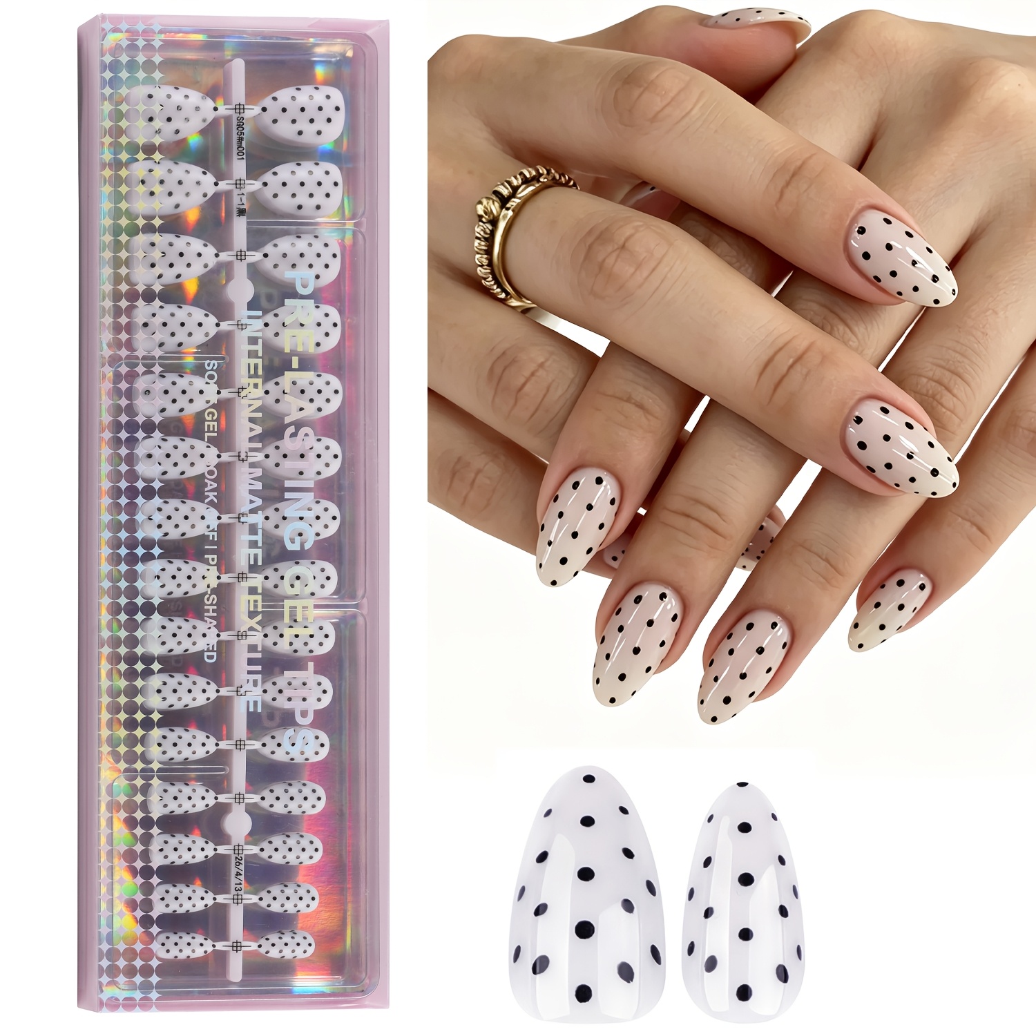 TEMU 150pcs Black And White Polka Dot Almond Short Press-on Nails, Simple And Trendy Soft Gel False Nail Stickers, Pre-designed Nails In 15 Sizes,