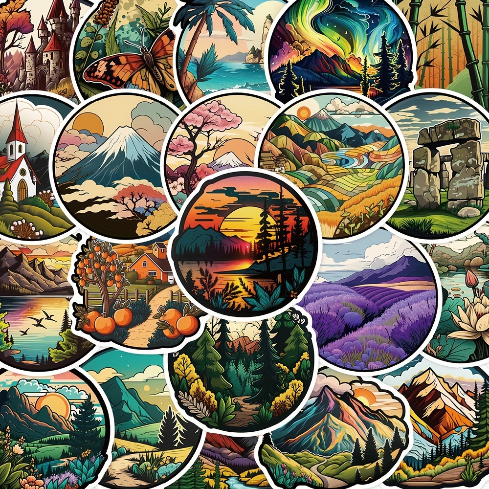 55 Outdoor Landscape Stickers For Laptop, Notebook, Phone Case, Guitar, And Skateboard Decoration
