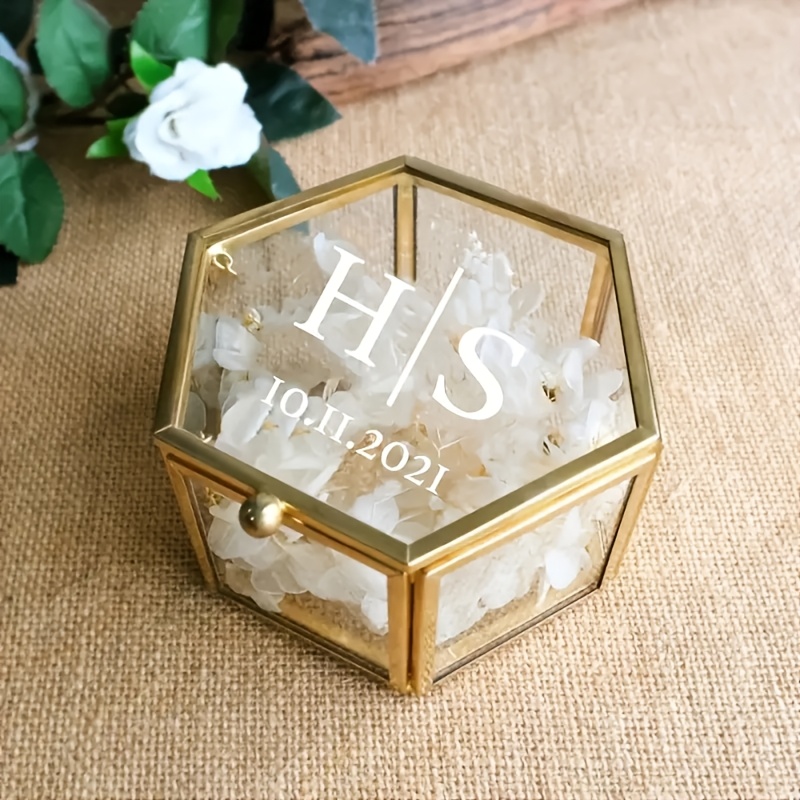TEMU Creative High-end Hexagonal Ring Box, Personalized Acrylic Decorative Jewelry Case With Custom Name And Date, Featuring Classic Golden Lines And
