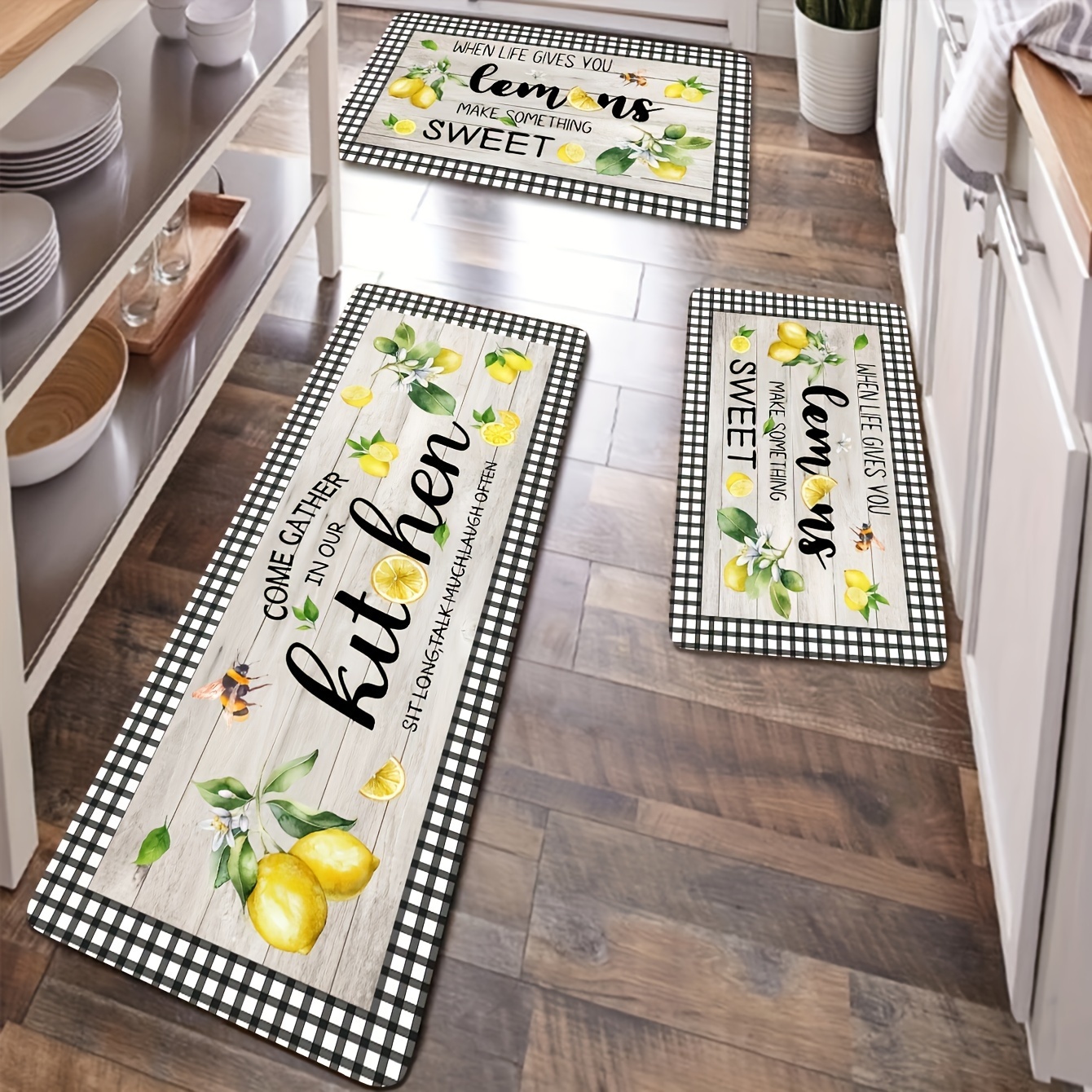 

Lemon-themed Kitchen Rug Set Of 3, Non-slip Absorbent Floor Mats - Machine Washable, Polyester, Rectangular - Includes Sizes 40x60cm, 50x80cm, 40x120cm