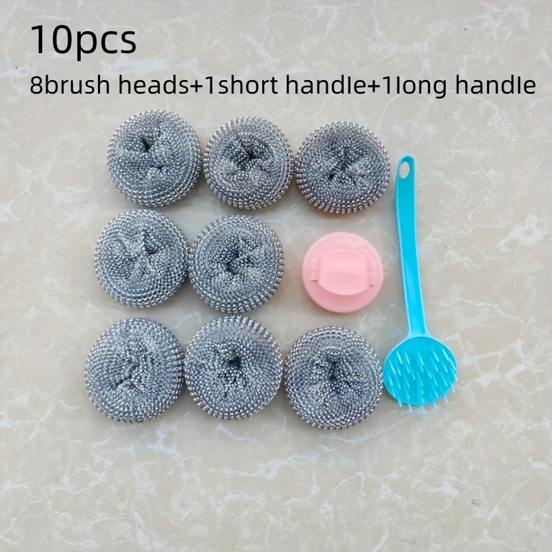 Image of 10pcs Detachable Non-scratch Nano Cleaning Balls, Kitchen Degreasing Pot Scrubbers With 2 Long And Short Handles, Dishwashing Scrubber Pads Random Color