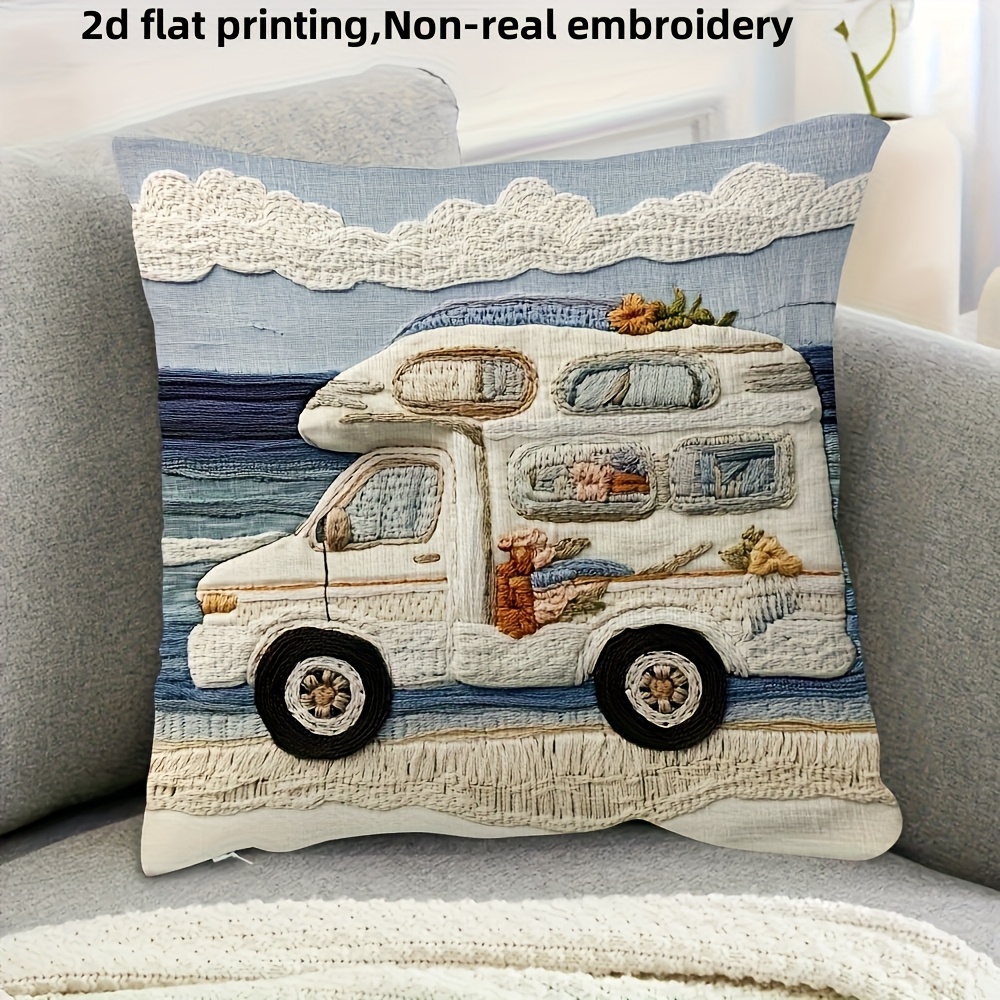 TEMU 2d Flat - 1pc, 2d Flat Printing, Vintage Bohemian Rv Throw Pillow Cover, 18*18 Inches, Short Plush, Non-real Embroidery, "mom Is My Rv" Design,