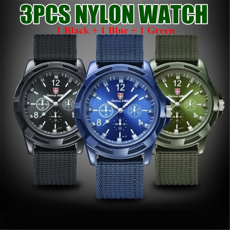 TEMU 3pcs/set Nylon Quartz Watch, Trendy Men's Outdoor Clock, 3pcs Fashion Assories