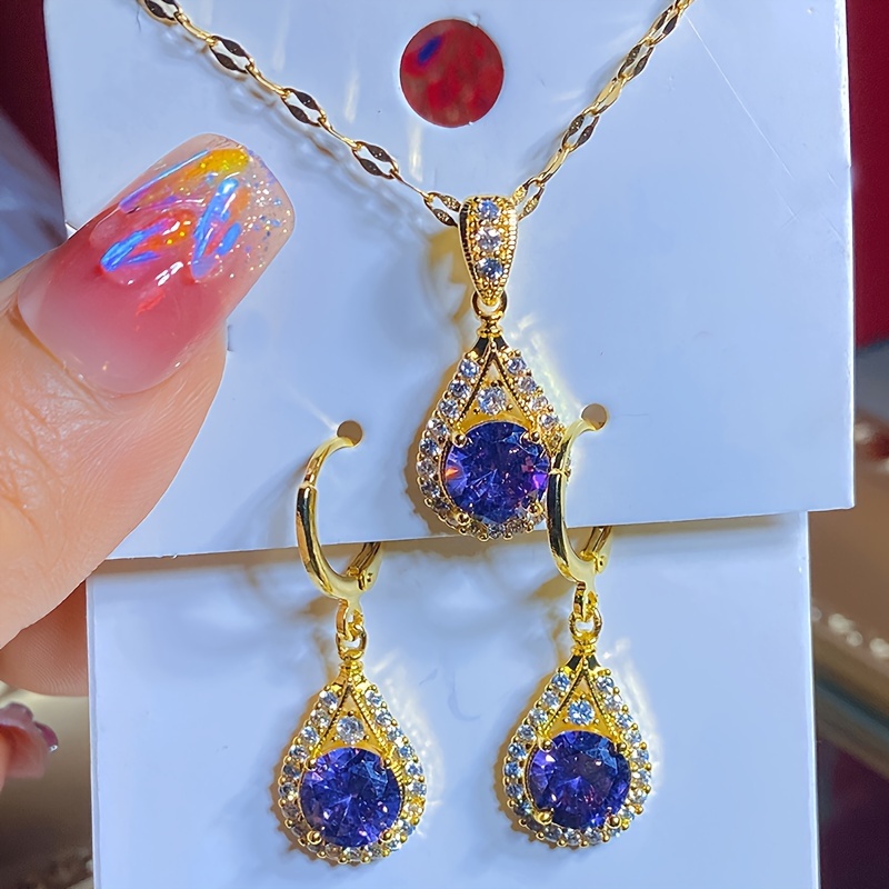 3pcs Necklace & Earring Set | Purple Water Drop Earrings With 14k Golden Plated Copper, Synthetic Zirconia, Elegant Style For Round Face Women
