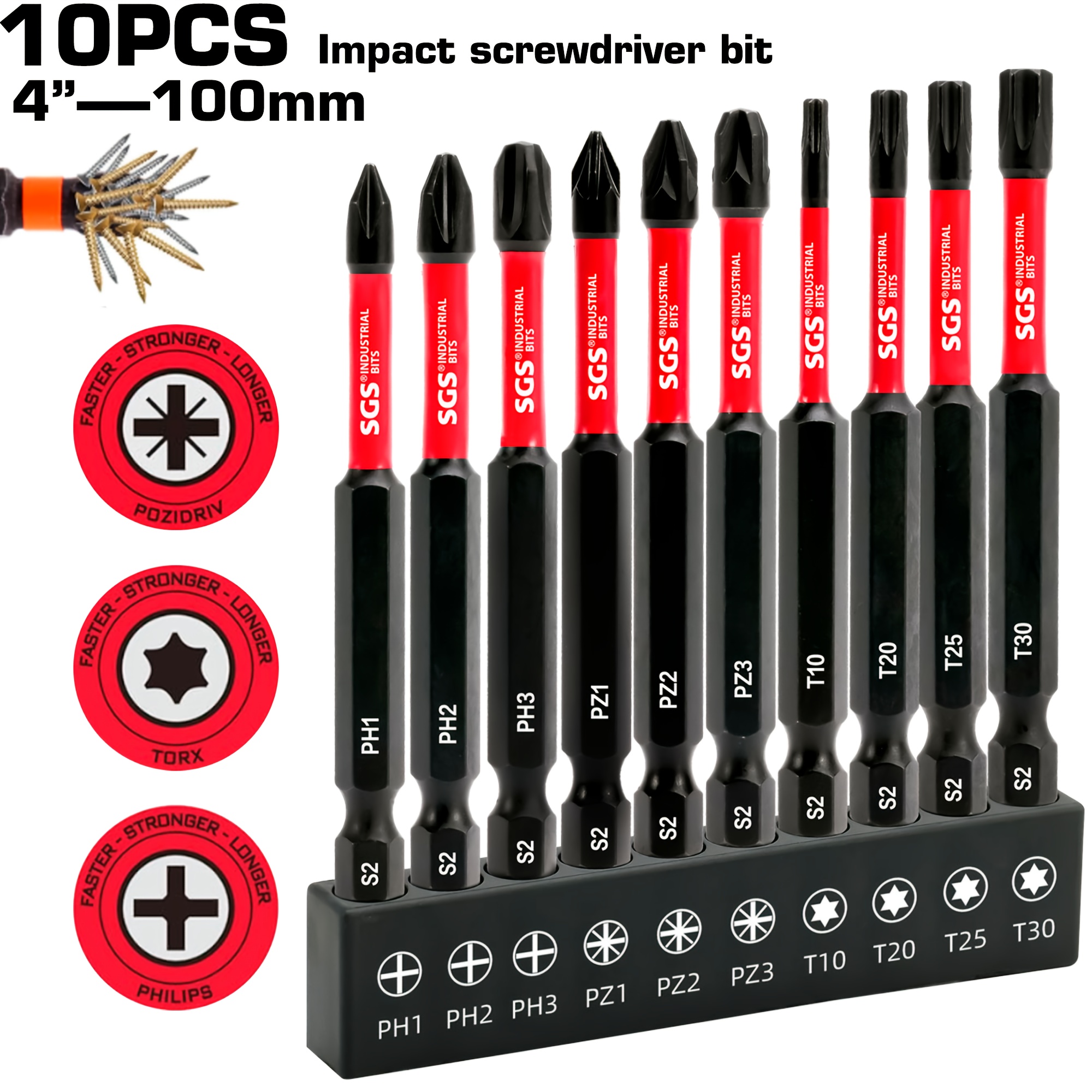 E-shop 10 Stück lange S2 Industrie-Bit-Set, Kreuz/Phillips/Schlitz, stark magnetisch, rostfrei, stoßfest, für Landmaschinen/Marine/Bürogeräte-