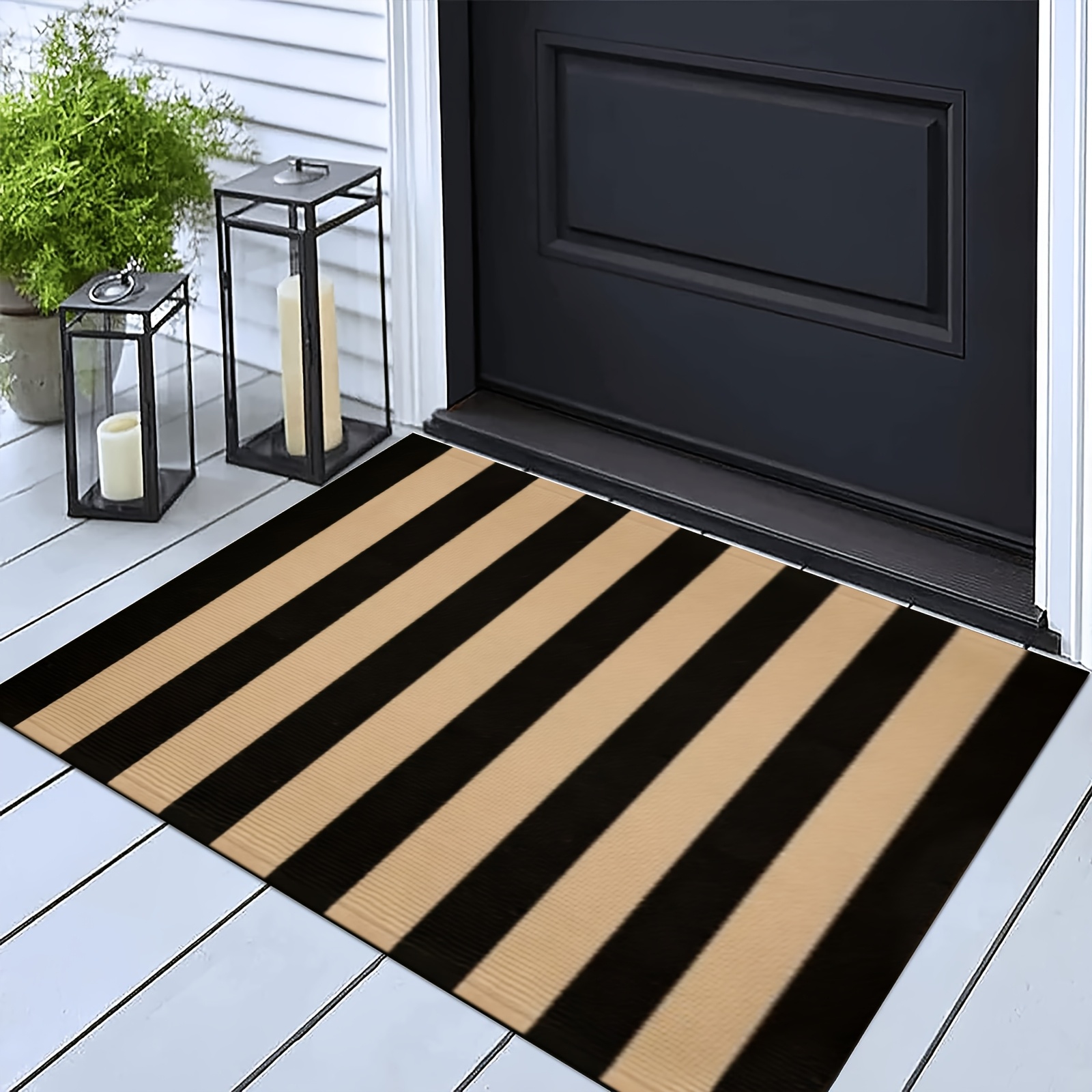 TEMU 2d Flat, 1pc 2d Printed Modern Porch Flannel Mat, Striped Outdoor Carpet, Washable Indoor/outdoor Door Mat, Farmhouse Style Small Area Carpet,