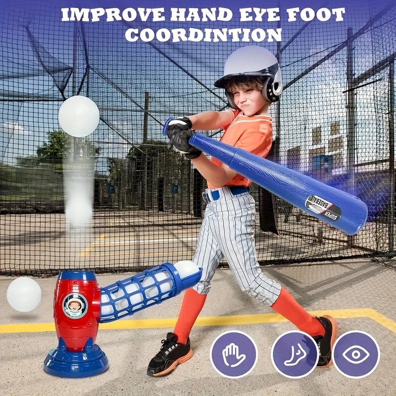 TEMU Thcbme Youth Automatic Baseball Pitching Machine Set - Training Equipment With Plastic Bat And 10 Balls, Hand-eye Coordination And Training, Applicable For Age 3+, Blue