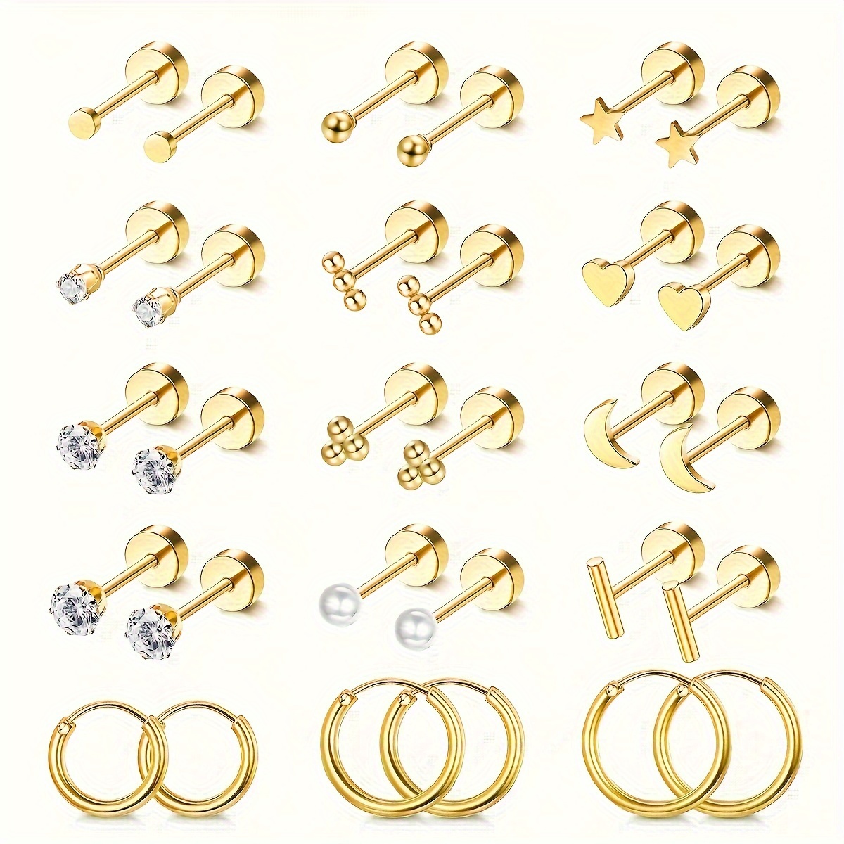 

15 Pairs Small Flat Back Stud Earrings For Women Men 14k Plated Surgical Stainless Steel Earring Sets Hypoallergenic Tiny Screw Back Cartilage Earring Small Hoops 8-12mm