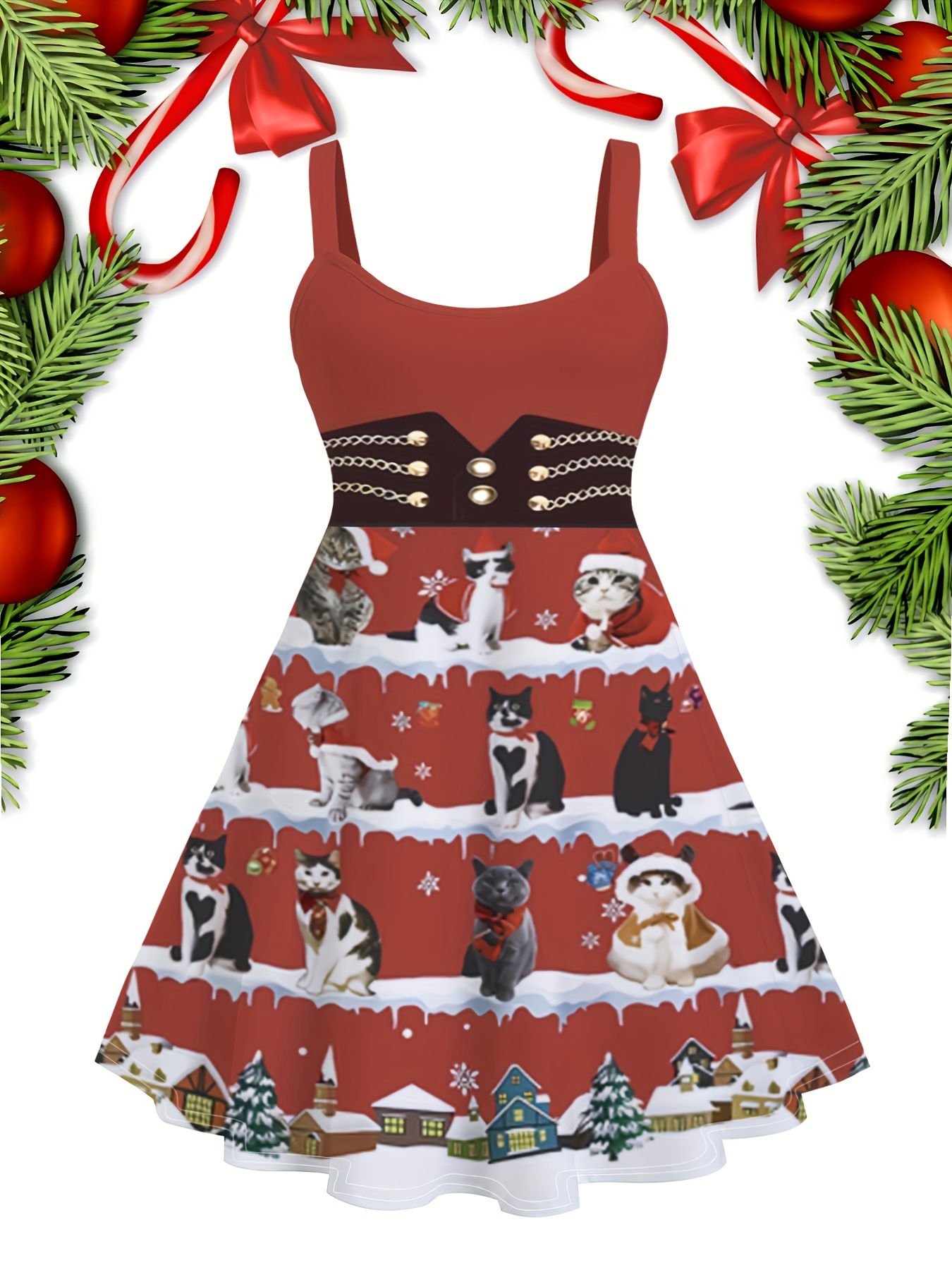 Plus Size, Plus-Size Women'* Print Christmas Cat Snowflake Corset Dress  Red White Sleeveless Halter Party Dress with Chain Strap, Fitted