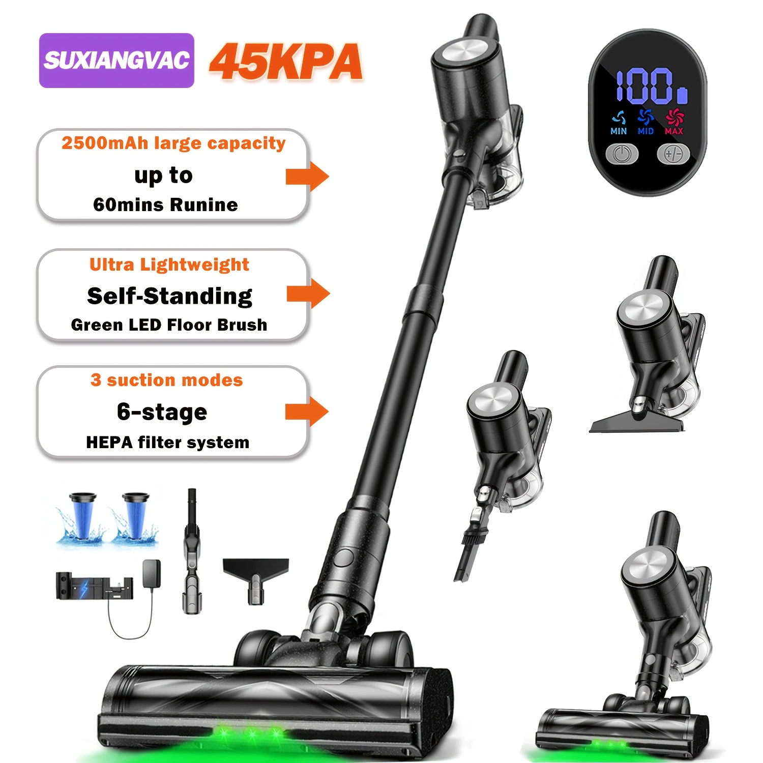 TEMU Cordless Vacuum Cleaner, Self-standing, 45kpa/60mins Handheld Vacuum For Home, Lightweight Powerful, 2500mah&wall Mount Charging& Led Display,