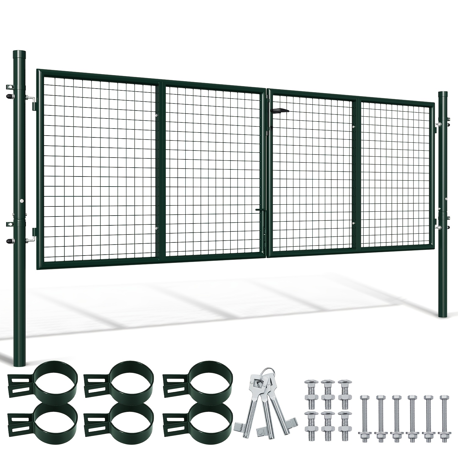 300x100cm Green Metal Garden Gate; A Sturdy Fence Gate/yard Gate Made Of Galvanized Round Tubing, Suitable For Garden Fencing; Includes A Door Handle, Lock, And 3 Keys
