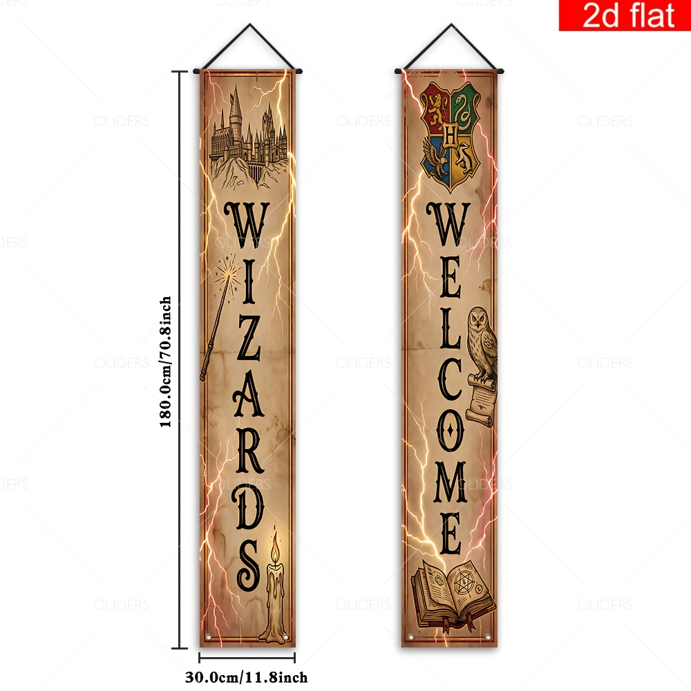 TEMU 2d Flat, 2pcs Wb Harry Potter Welcome Banner Suitable For Harry Potter Themed Parties, Hogwarts Emblems With Owl & Wand Print, Front Porch Sign