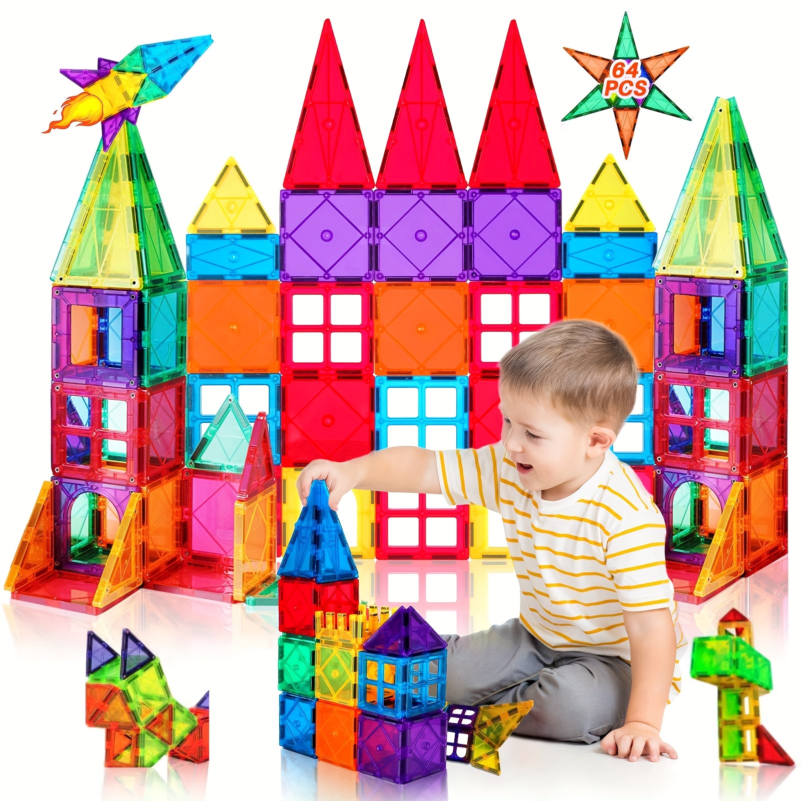 TEMU 64pcs Magnetic Building Blocks Tiles Toy Learning Educational Construction For Boys Girls Toys Building & Construction Toys (color Random)