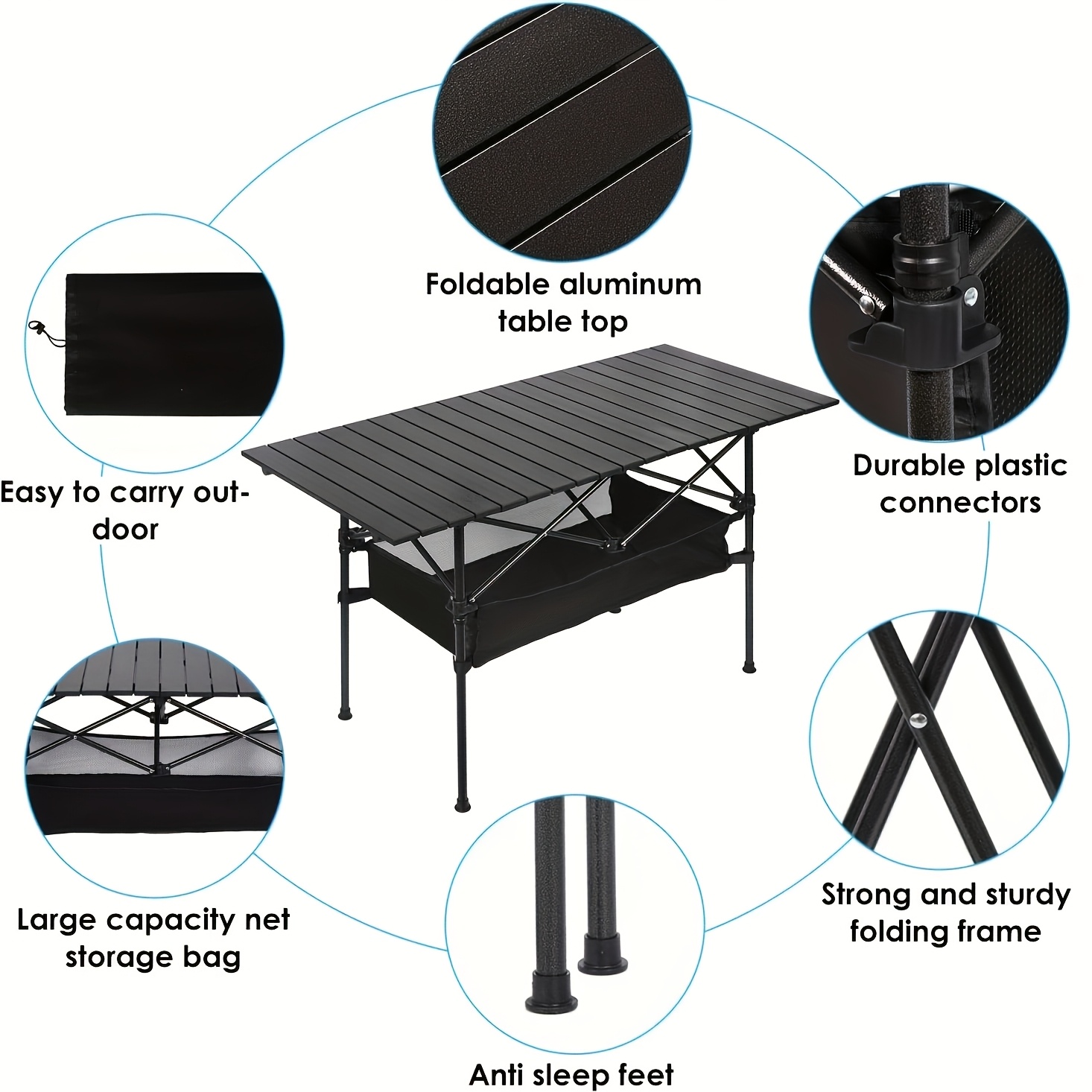TEMU 95/120cm Folding Camping Table Height Adjustable Camping Table, Outdoor Folding Camping Table With Mesh Storage Bag And Carrying Bag, Portable