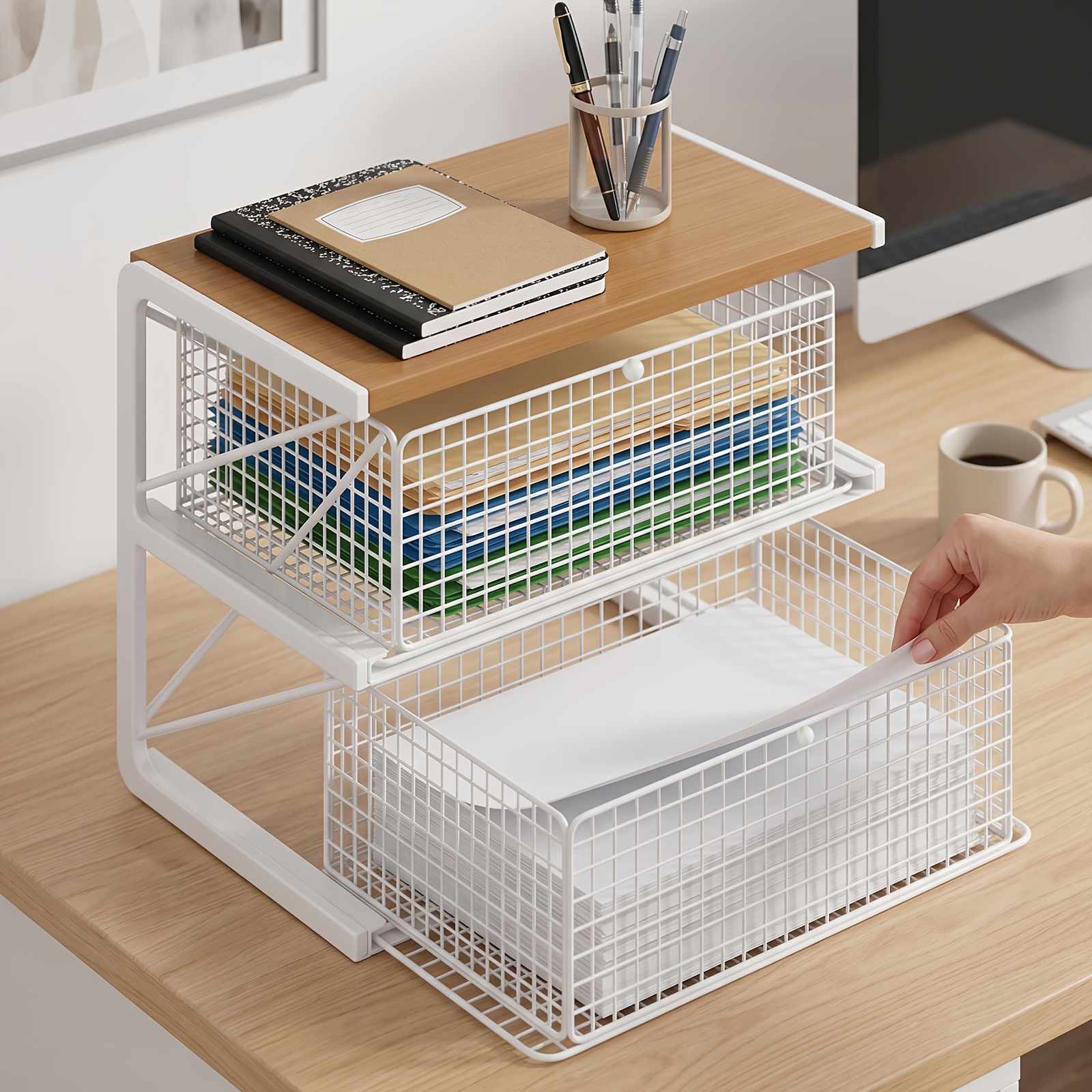TEMU Pull-out Shelf Organizer, Storage Drawer Units, Kitchen Countertop Organizer With Double Drawer And Wire Basket, Storage, Sturdy Metal Frame,