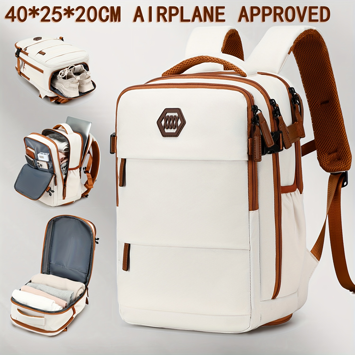 Mochila de viaje ENOSHI aprobada para aeropuerto con compartimento para zapatos y bolsillo para laptop - Bolso para laptop de 38.86 cm, espacio para maleta con ruedas, organizador para viajes, negocios, universidad - Blanco/marrón, cierre de cremallera y bolsillos laterales - Equipaje ligero para hombres y mujeres, maleta para viajar, bolso de viaje de negocios, compartimentos funcionales, costuras resistentes, ideal para viajeros frecuentes