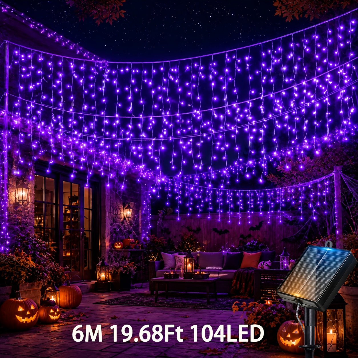 TEMU 194/104led Solar Icicle String Lights, Solar-powered Curtain Icicle Lights, Halloween Decorations, Waterfall String Lights, Christmas Icicle