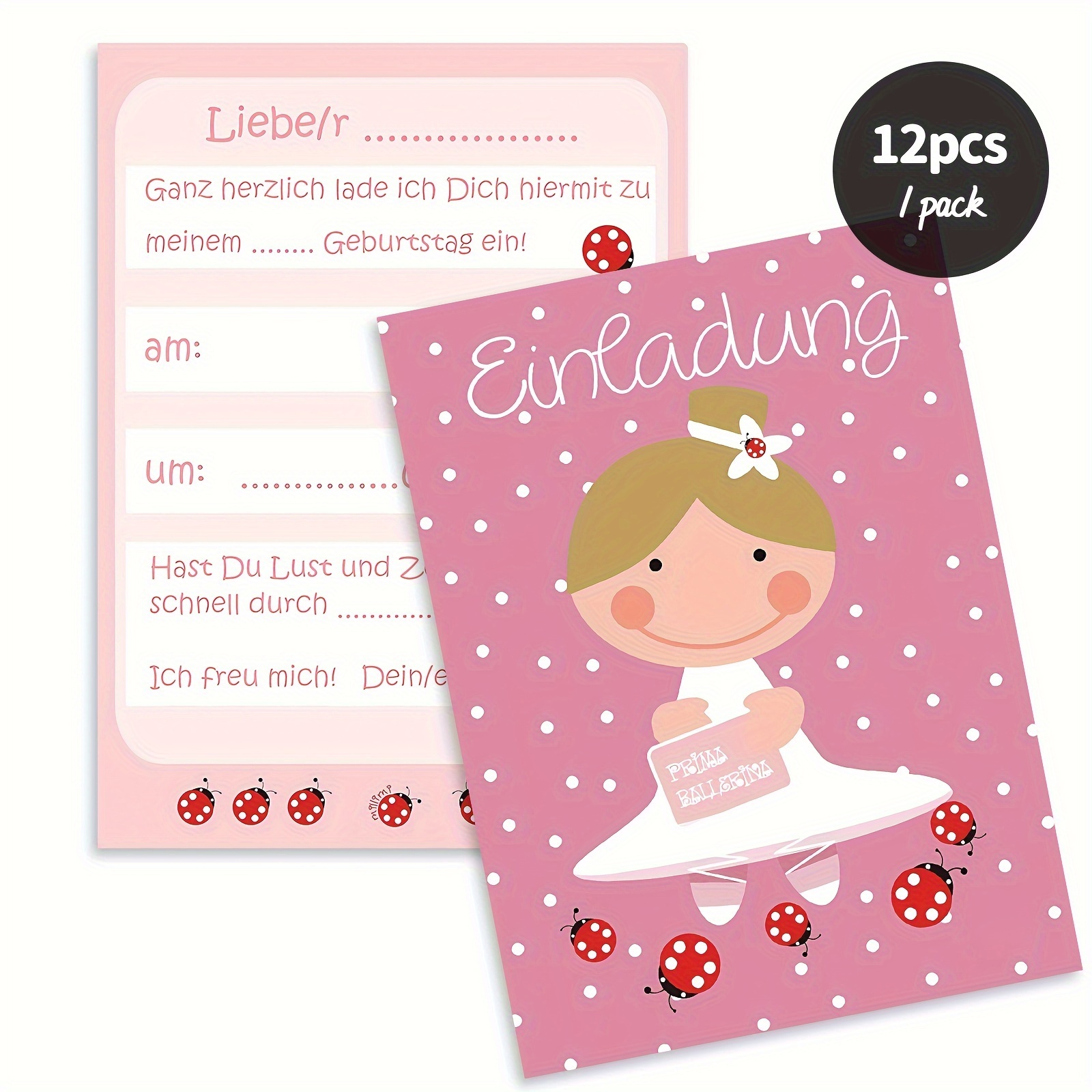 12 Pink Ladybug Girl Invitation Cards
