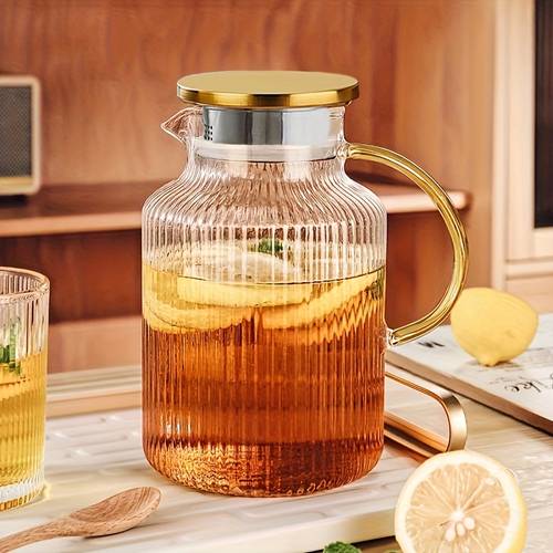 1pc 68oz glass pitcher with lid handle 1800ml modern vertical stripes tea pot heat resistant borosilicate glass carafe for hot cold water iced tea cold brew coffee milk clear glass jugs for beverages beverage glassware sleek glass pitcher heatresistant glass