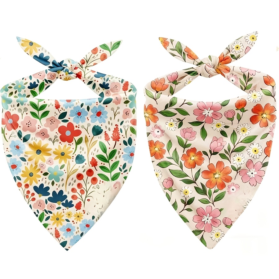 TEMU 2-pack Dog Scarves And Bandanas (for Small And Medium Breeds) - Adjustable And Breathable Bibs, Yellow Daisy Plaid And Colorful Floral Patterns,